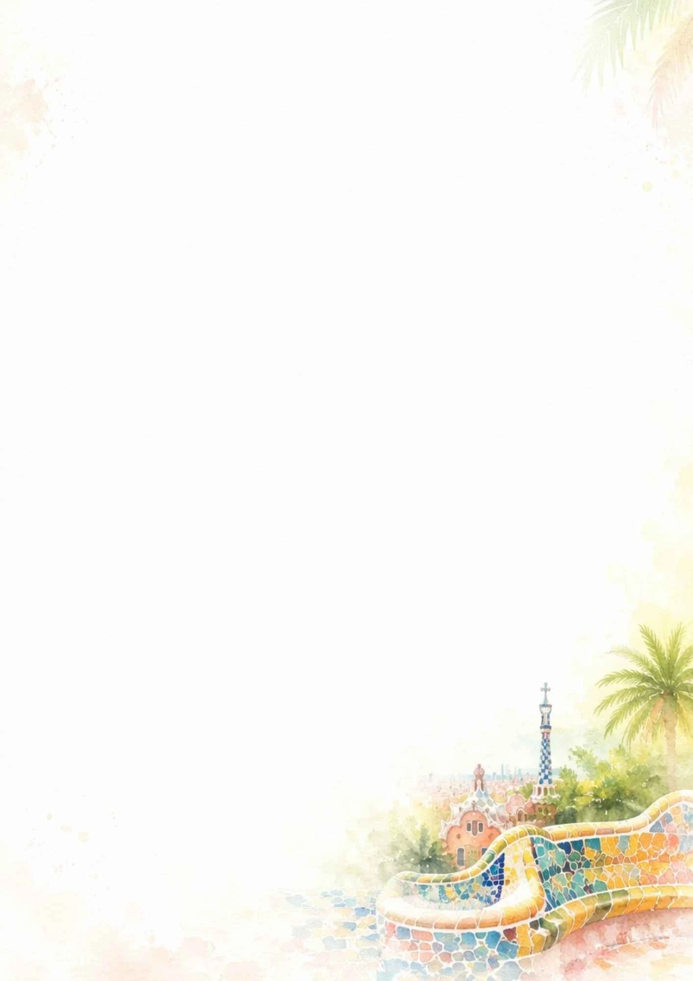 A watercolor illustration of the colorful mosaic tiled serpentine bench in Park Guell with a palm tree and spires in the background.
