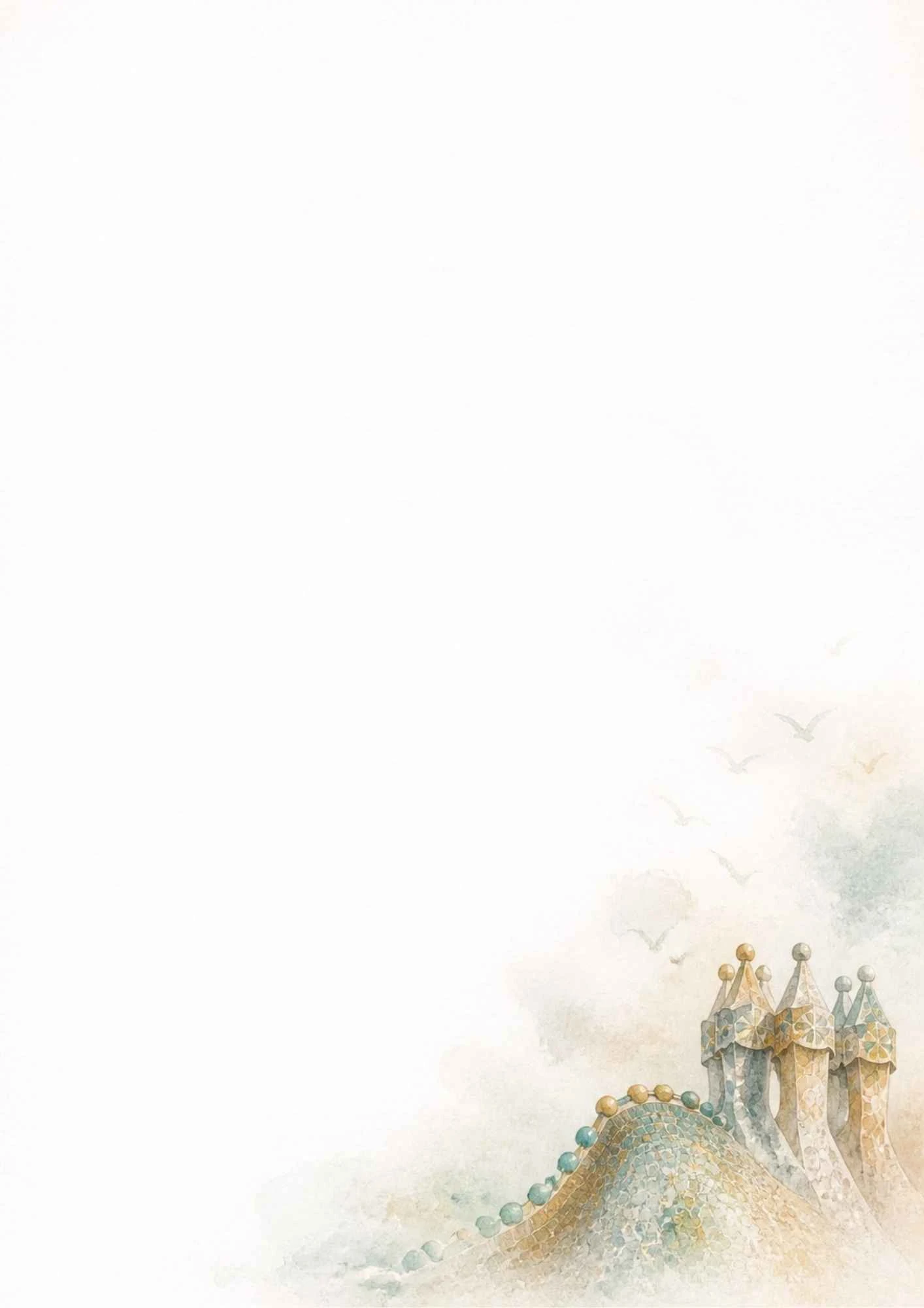 A watercolor painting of tiled spires and a curved mosaic roof under soft clouds.