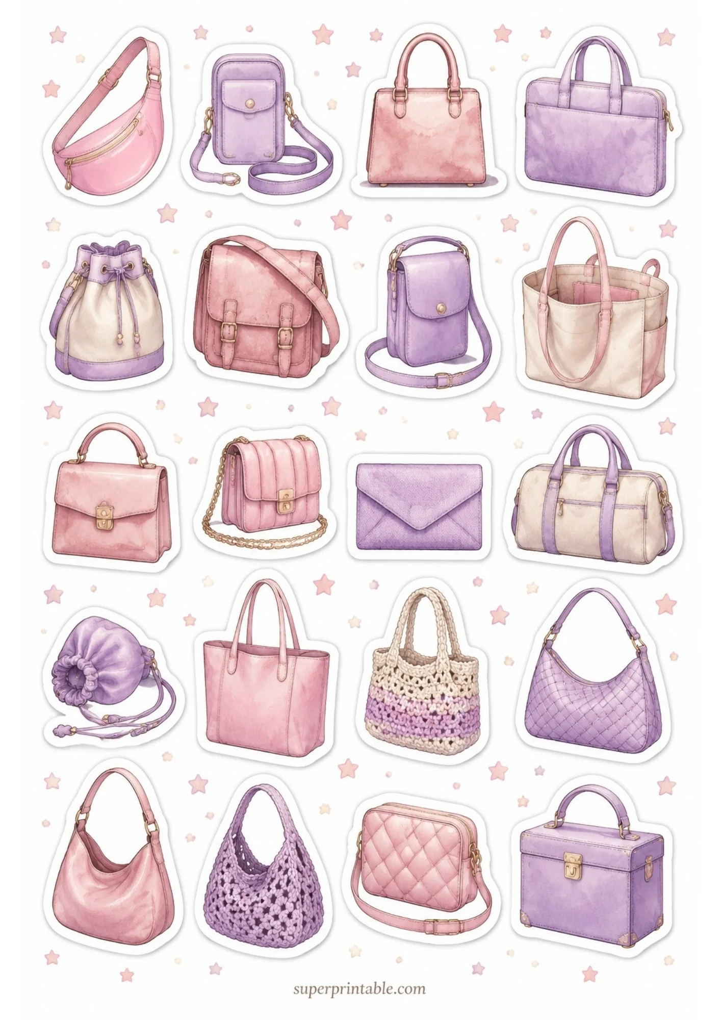 A sheet of 20 pastel luxury handbag stickers in light pink, lavender, and white colors, featuring vanity cases, envelope clutches, and shoulder bags.