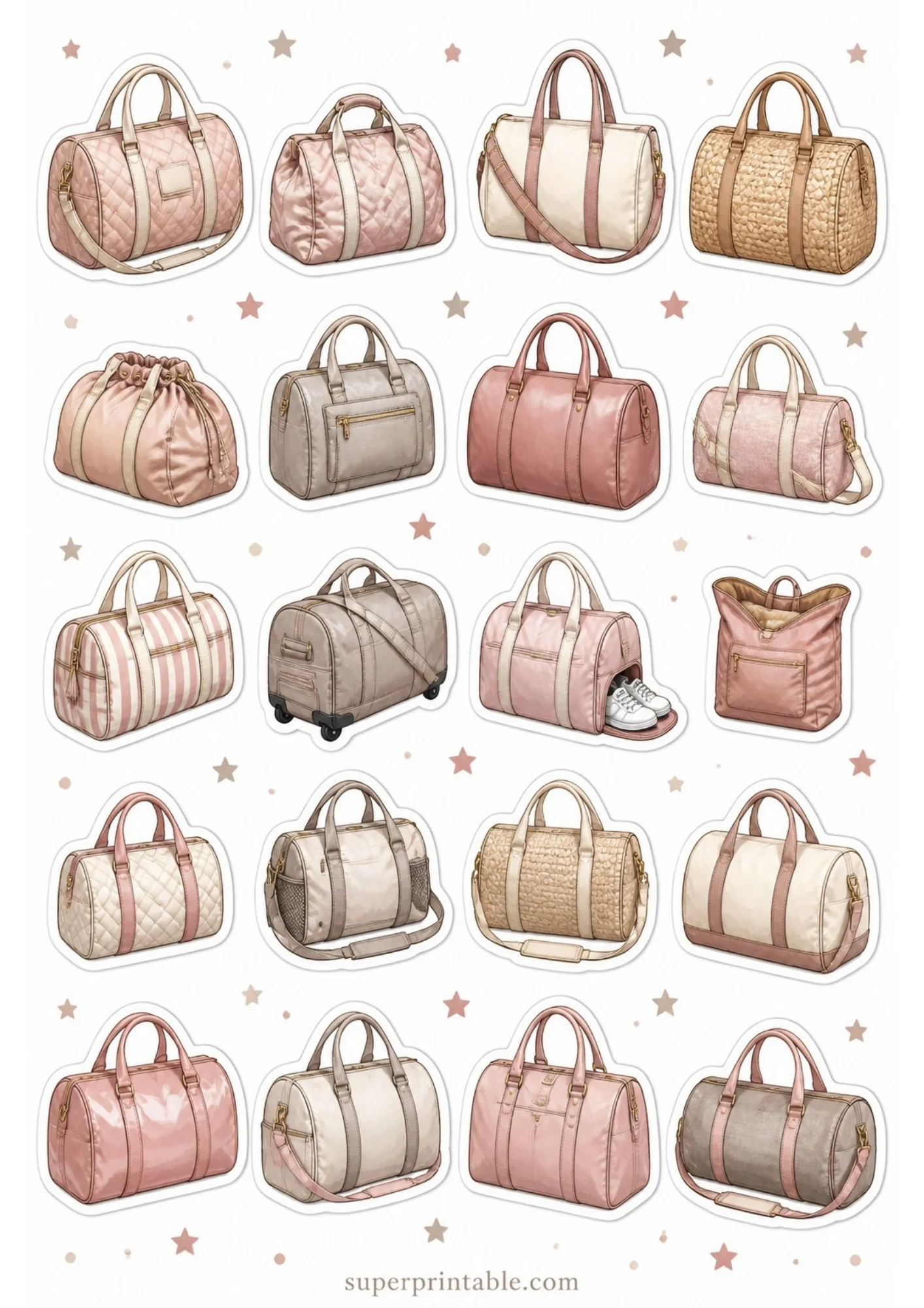 A sheet of 20 duffle bag sticker designs in soft pastel pink, rose gold, and cream shades, with stars in the background.