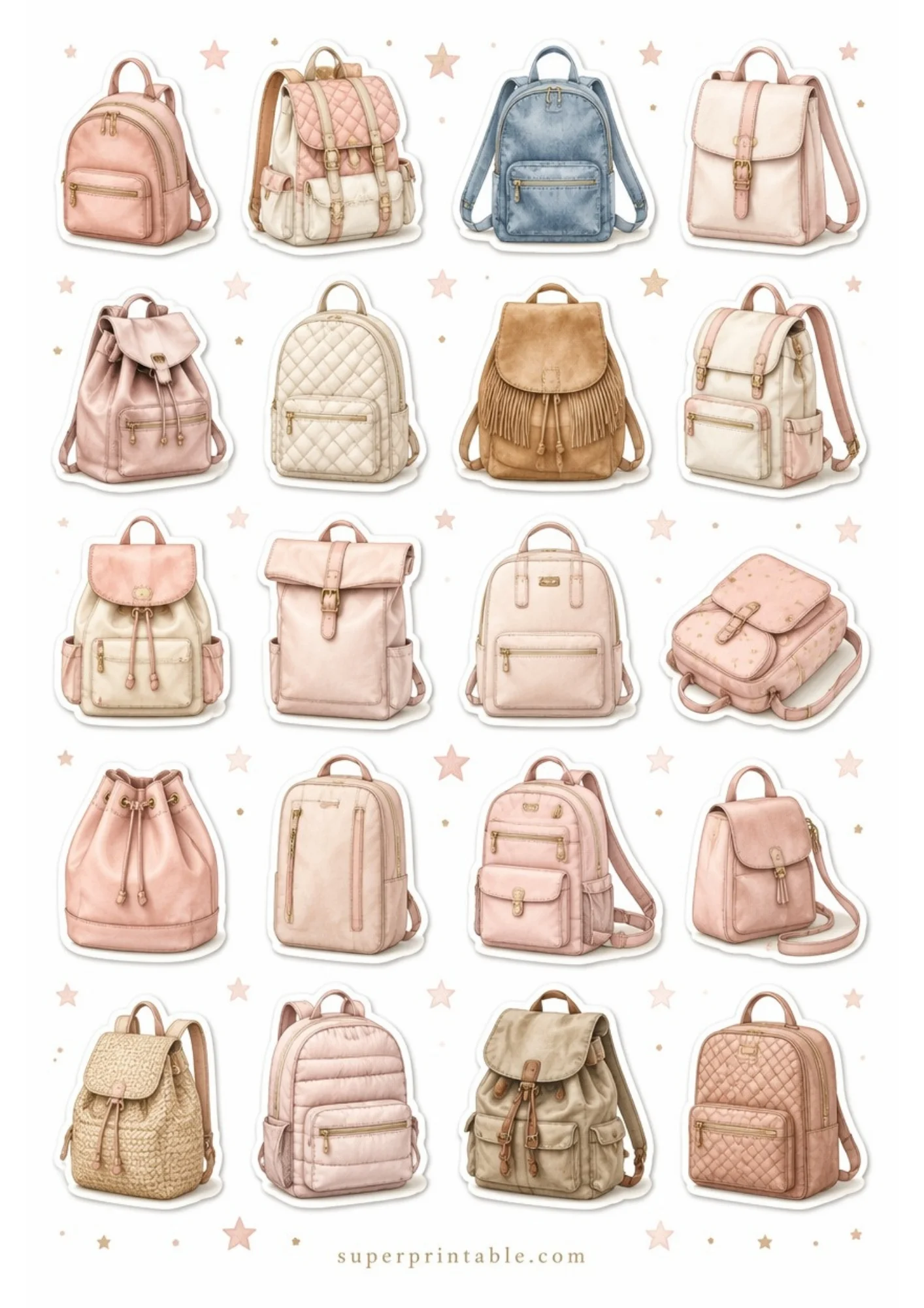 A sheet of printable stickers displaying twenty individual backpack designs in soft pastel pink, white, cream, and light blue, surrounded by pink stars.