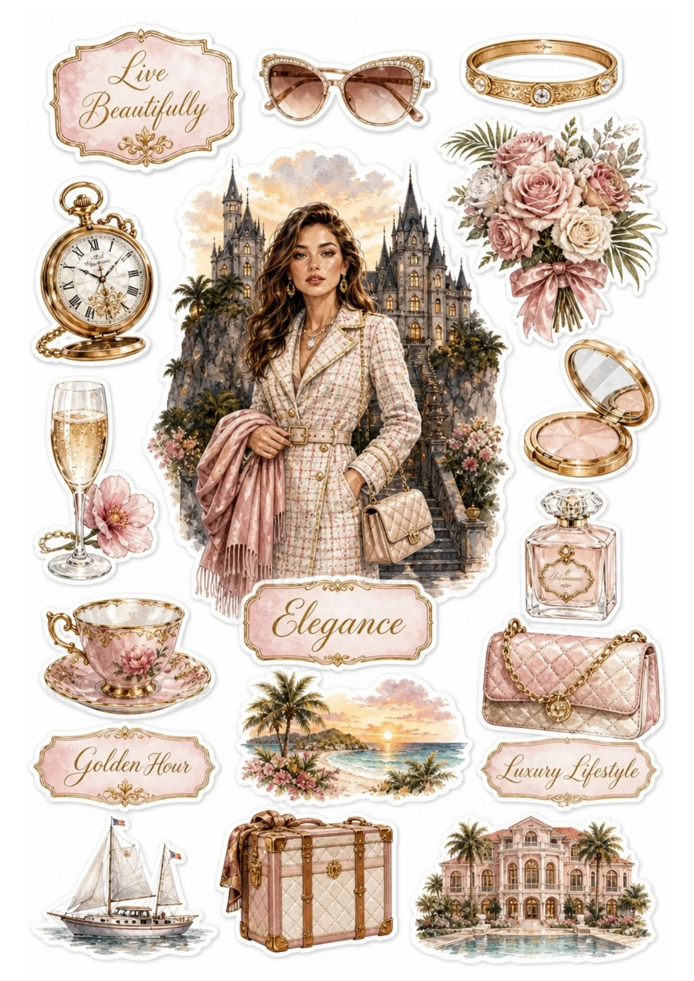 Printable sticker sheet displaying a woman in a tailored coat before a castle, surrounded by soft pink stickers including a rose bouquet, sailboat, champagne flute, teacup, and vintage trunk.