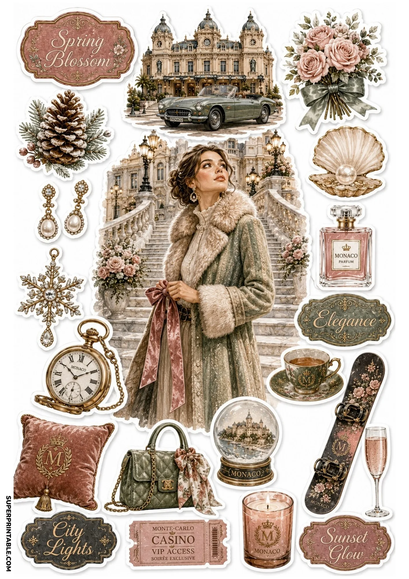Printable sticker sheet featuring a woman on marble stairs, Monte Carlo Casino, pocket watch, teacup, and pink velvet cushion.