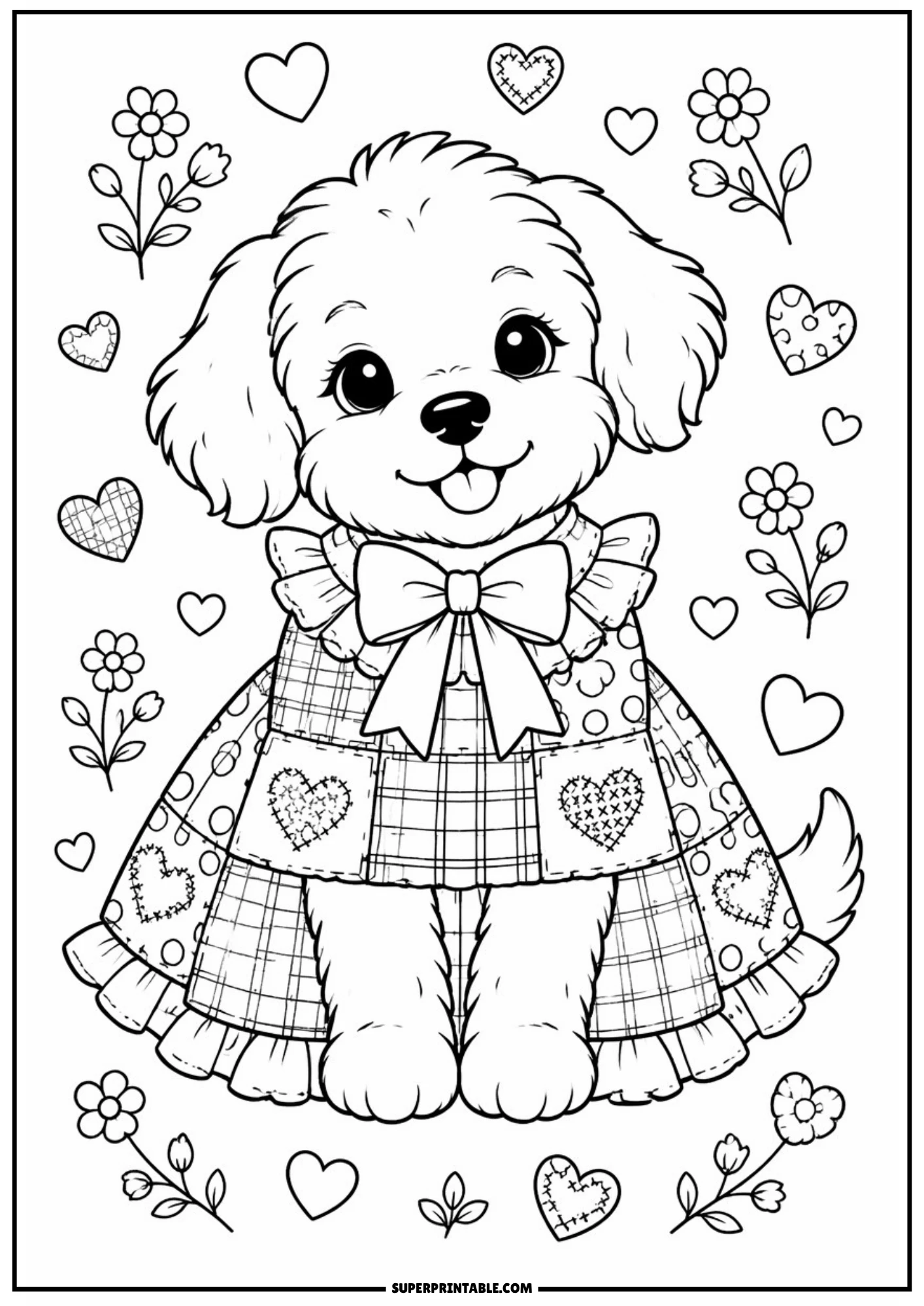 A coloring page showing a cute puppy wearing a patchwork dress with hearts and a bow collar, surrounded by flowers and hearts.
