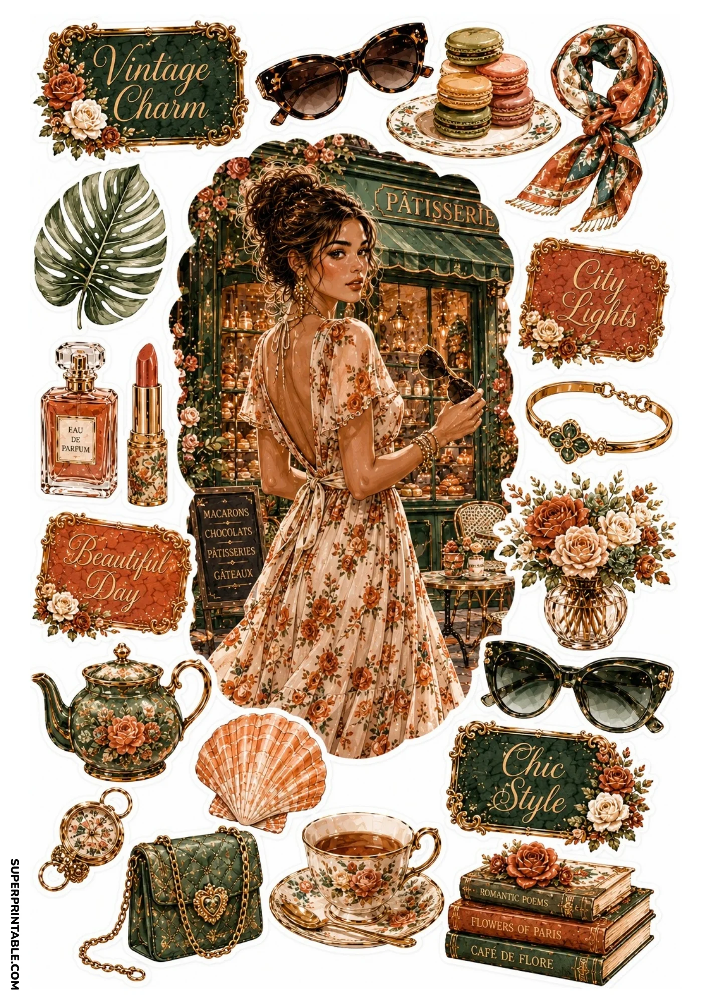 Printable sticker sheet featuring a woman outside a patisserie bakery, surrounded by stacked macarons, book piles, green handbags, and floral tea sets.