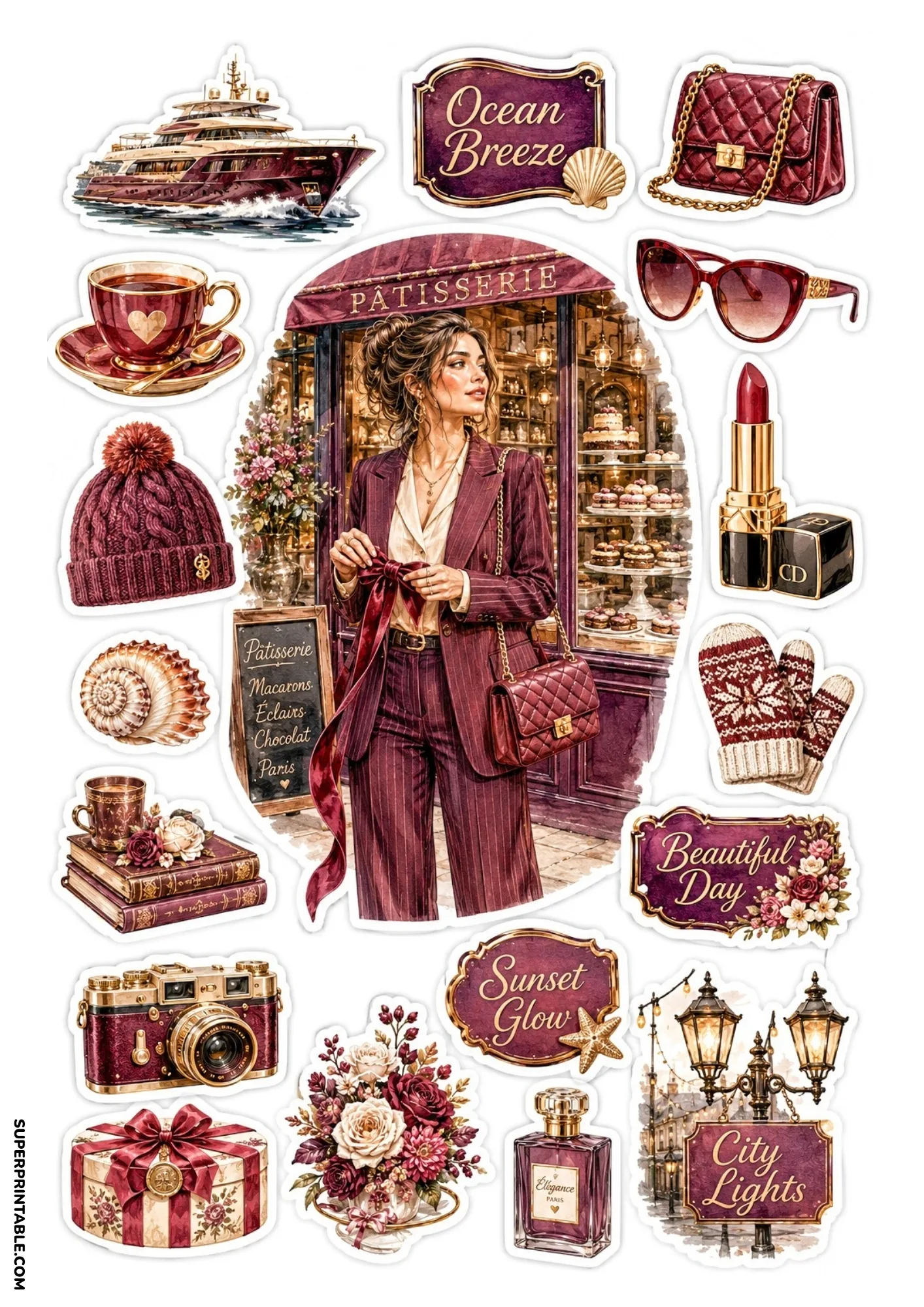 Printable sticker sheet featuring a woman outside a French bakery, surrounded by deep burgundy luxury stickers including a burgundy yacht, quilted bag, red lipstick, camera, and floral badges.