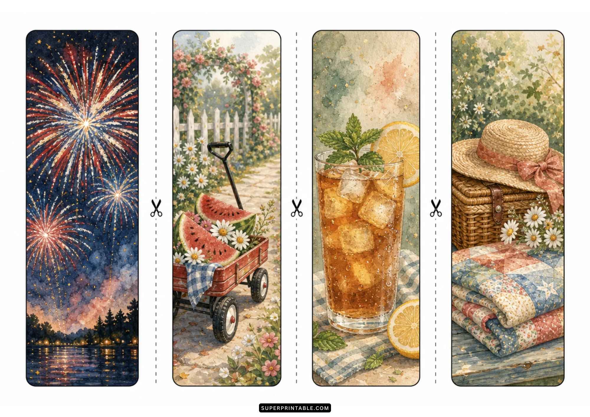 Watercolor July Fourth bookmarks depicting night fireworks, garden wagon with watermelon, iced tea, and cozy quilts.