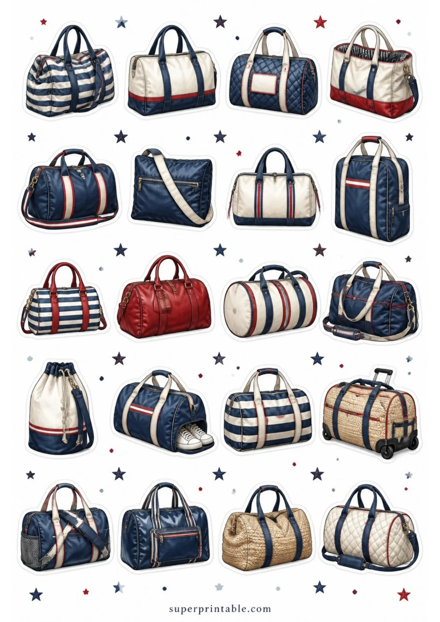 A sheet of 20 sticker designs featuring travel bags in navy blue, white, and red stripes and trims.
