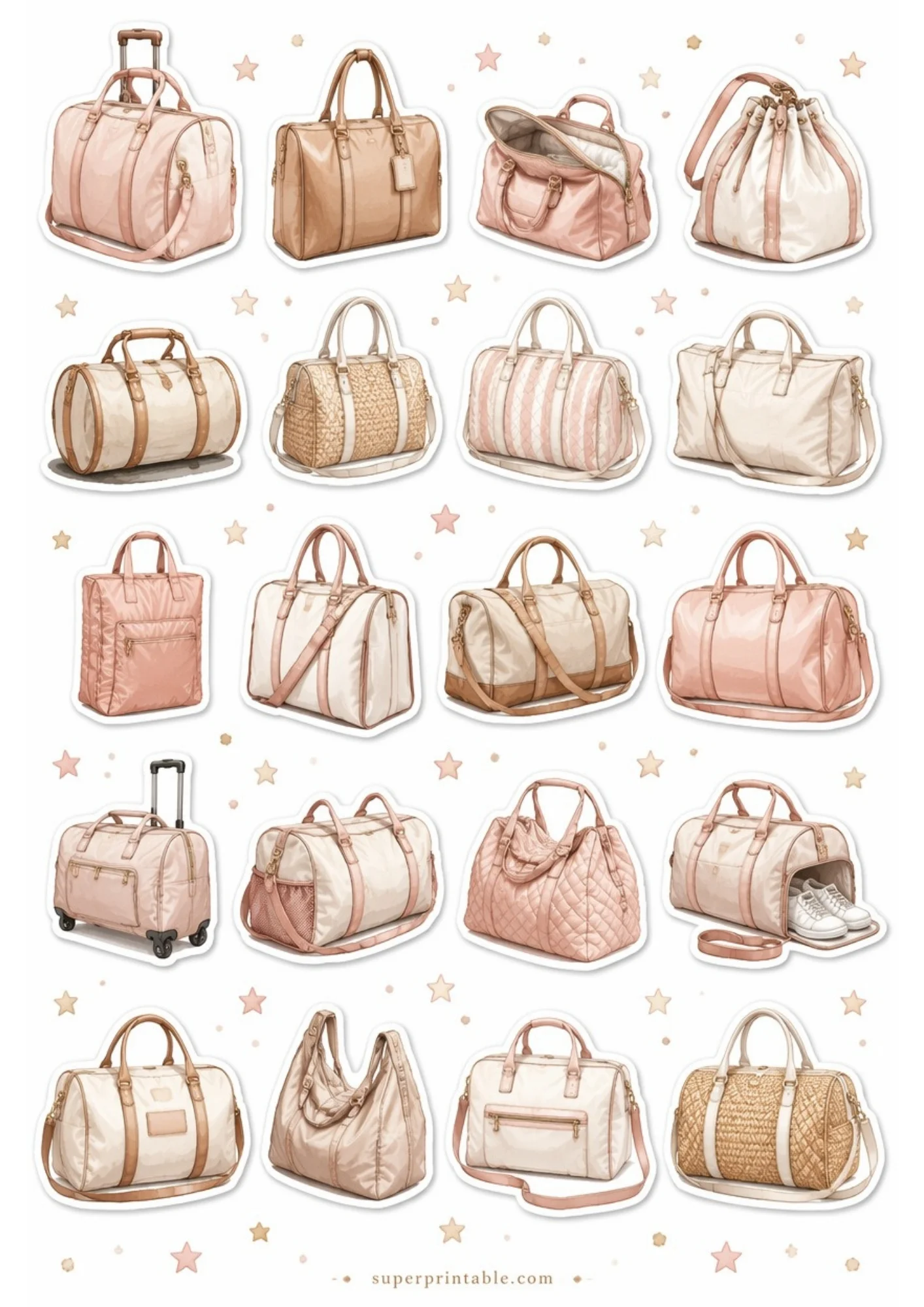 A sheet of 20 stickers of travel bags in soft peach, champagne, and blush pink colors.