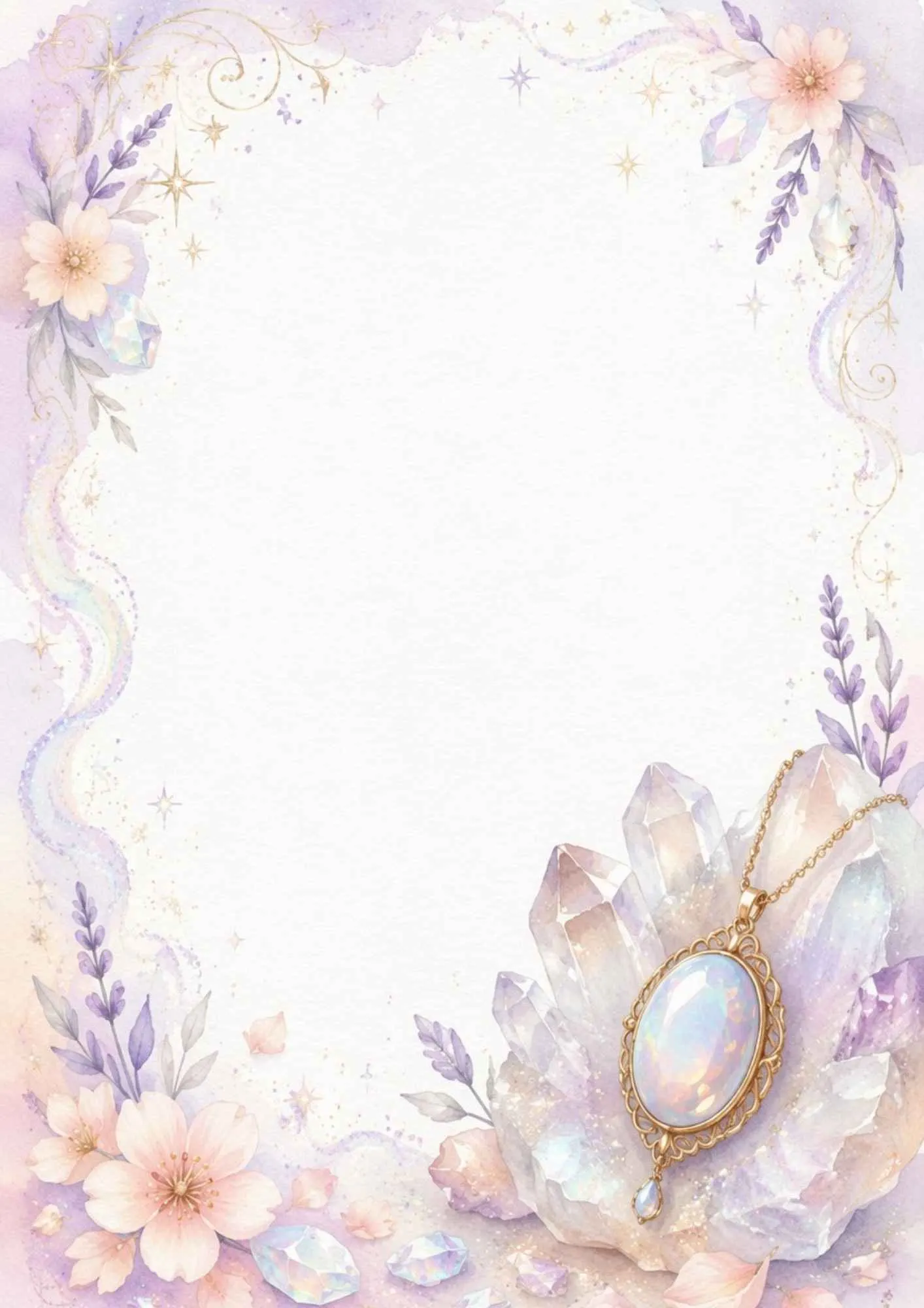 A delicate cream writing page with a pearl drop gold necklace on white marble with golden scrolls.