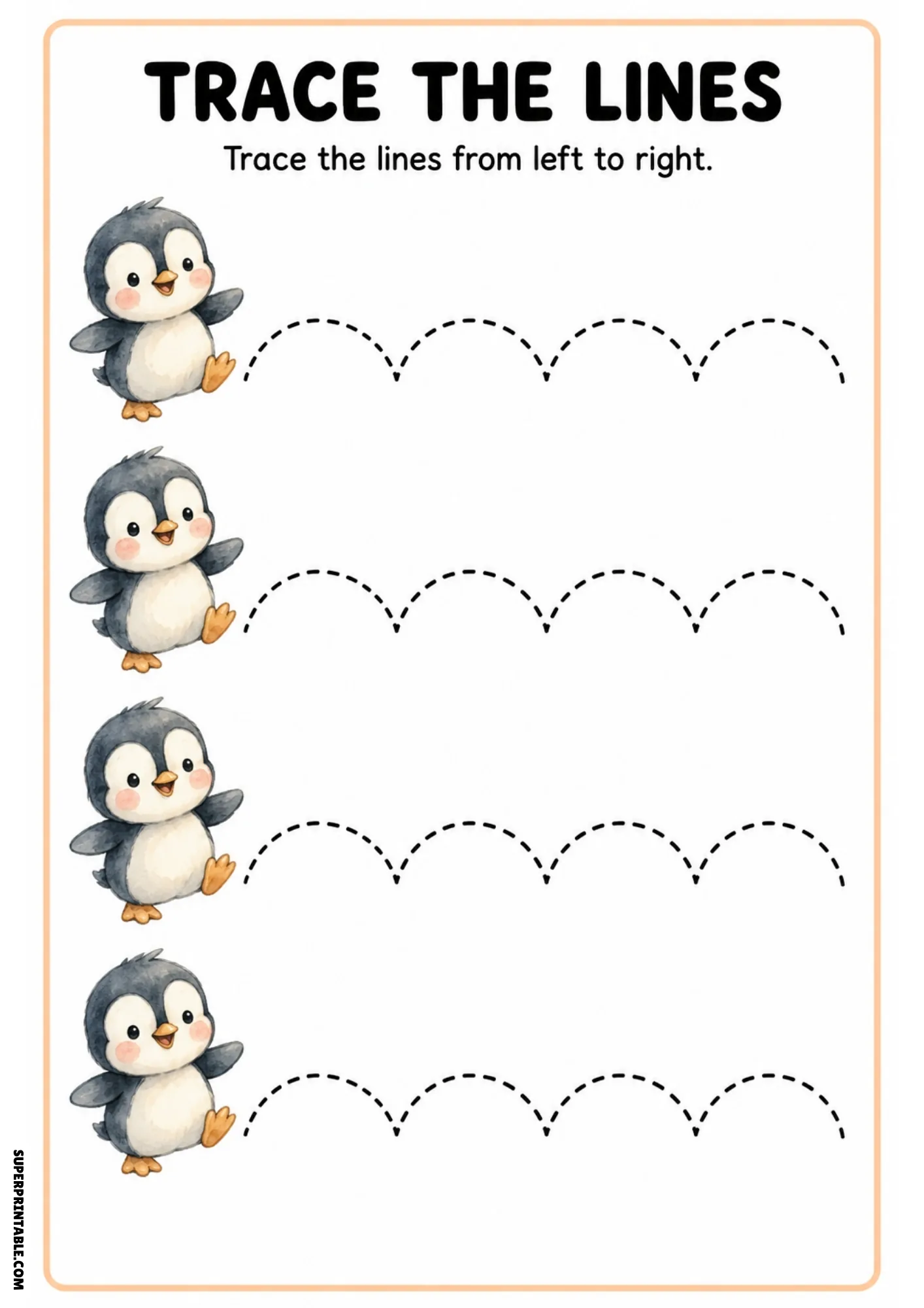 Line tracing worksheet with four cute watercolor penguins and bouncing arch dashed paths.