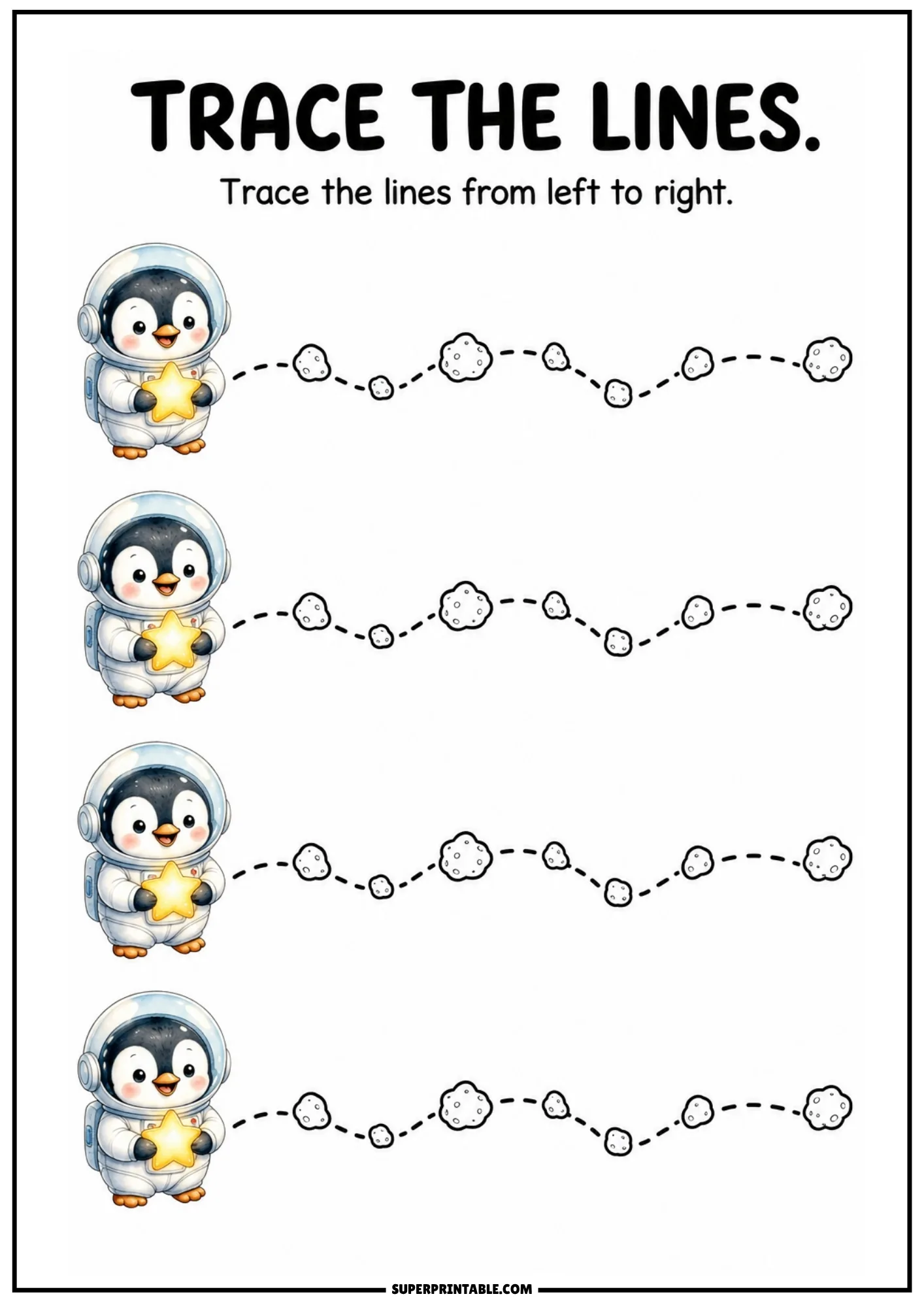 Tracing sheet featuring penguin astronauts holding stars and wavy dashed paths surrounded by small asteroids.