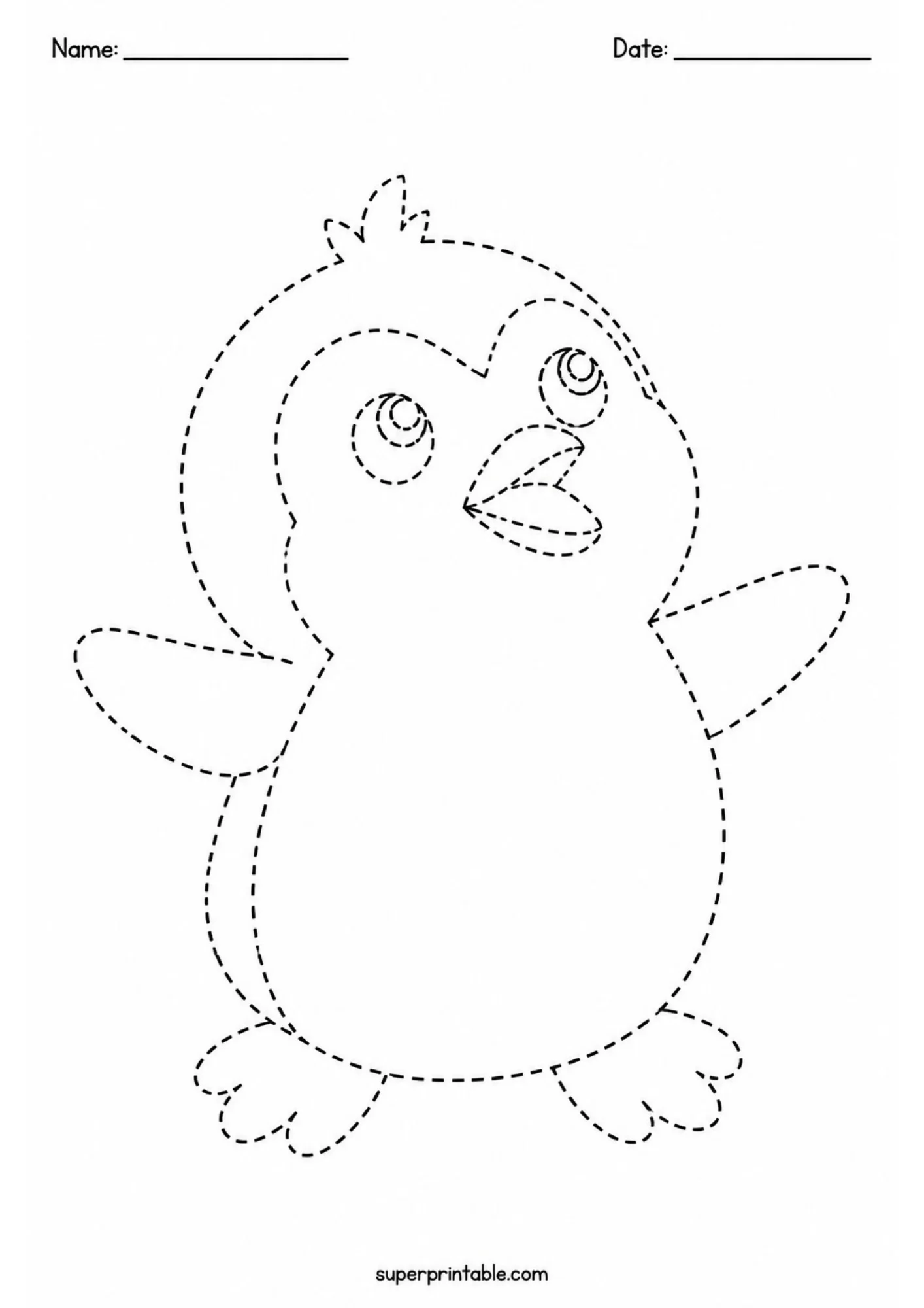 Black and white activity sheet of a baby penguin chick standing at an angle with head tilted upward and open beak, drawn in dashed tracing lines.