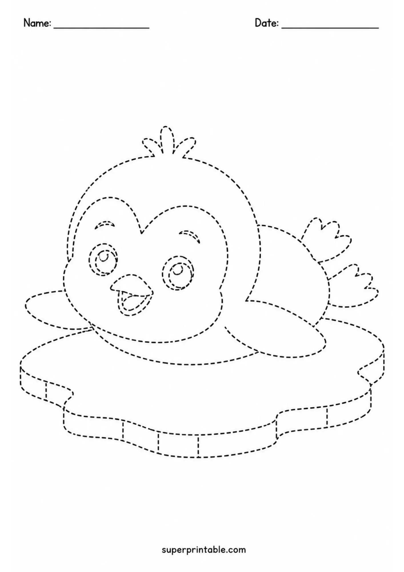 Dashed line tracing printable showing a baby penguin sliding on its belly across a floating ice block with feet kicked up behind.