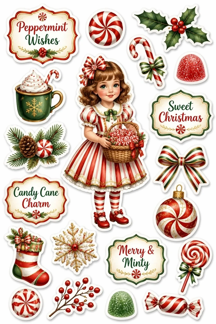 Vintage girl holding a basket of peppermint candies on a sheet with stickers of hot chocolate, red gumdrops, lollipops, stockings, and festive holiday labels.