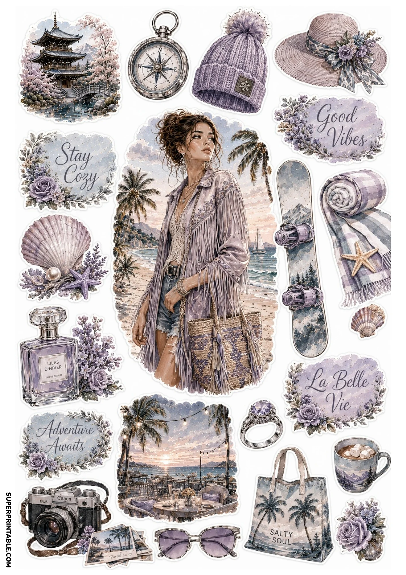 Periwinkle blue sticker sheet with a Japanese pagoda, woman in fringe jacket, beach restaurant, snowboard, camera, and seashell.