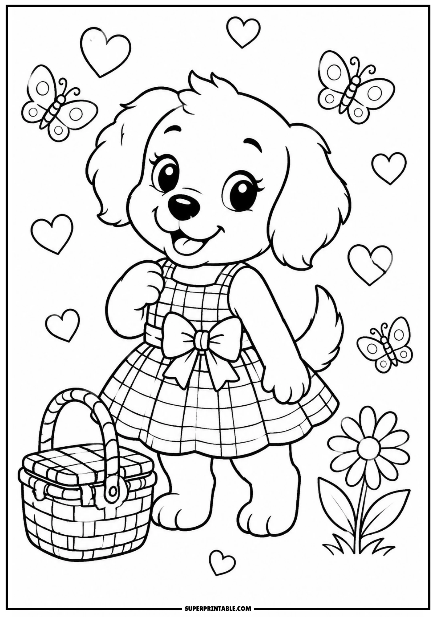 A coloring page showing a cute puppy in a plaid dress standing next to a wicker picnic basket, with butterflies, a daisy flower, and hearts in the background.