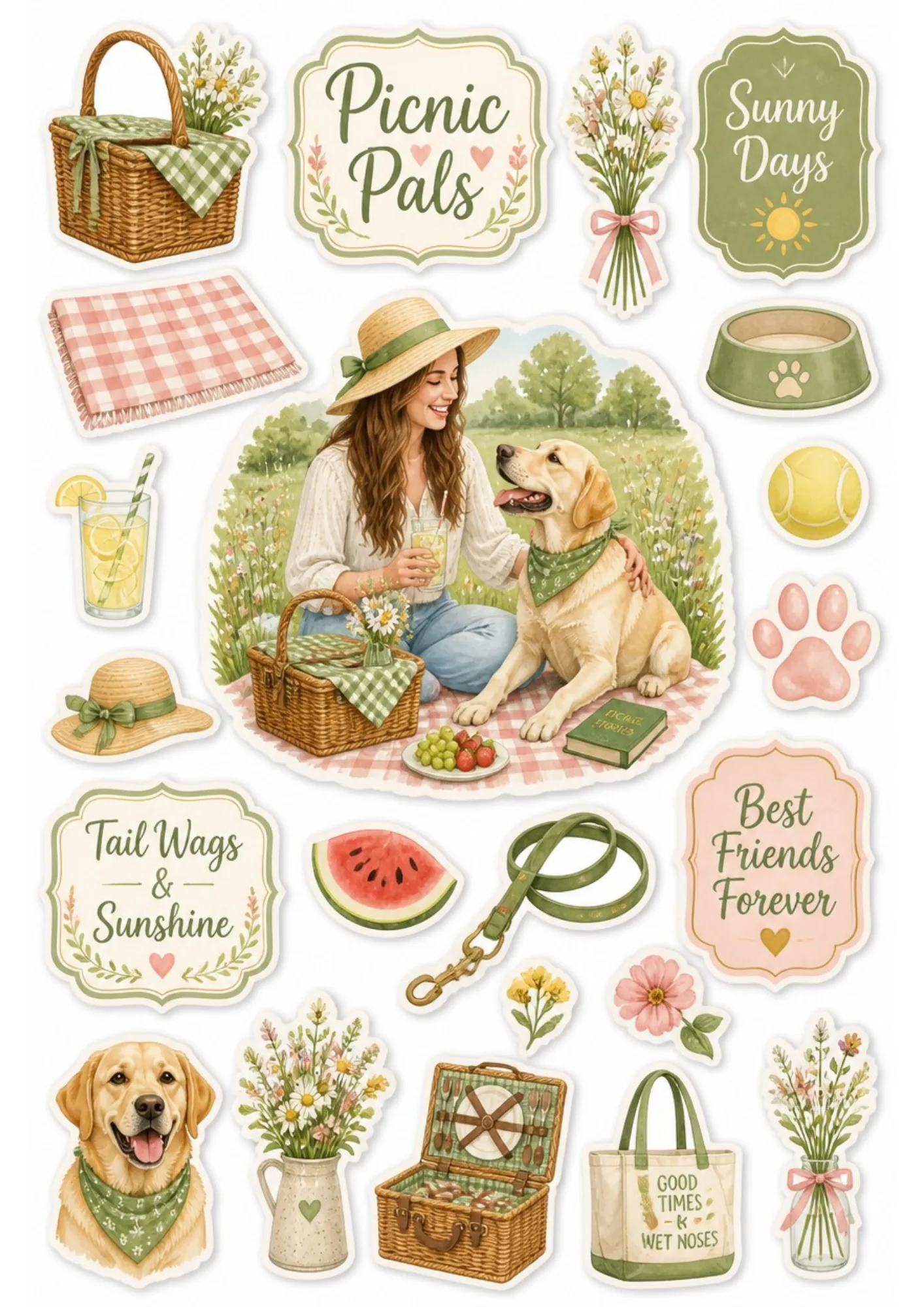 A meadow picnic sticker sheet depicting a woman and her golden Labrador on a gingham blanket surrounded by daisies, lemonade, and picnic accessories.