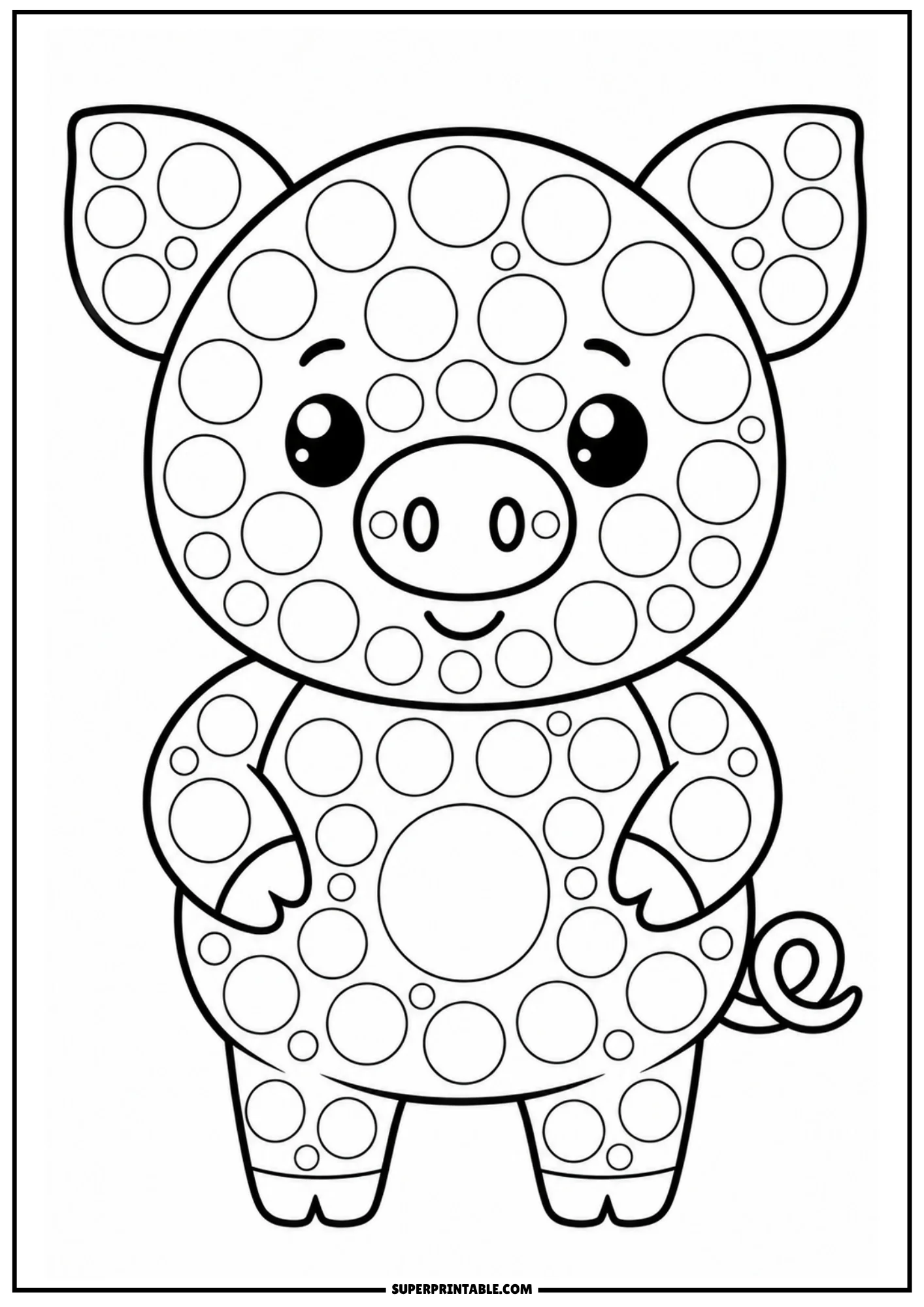 A cute cartoon pig standing upright with a curly tail, covered in circular dot markers.