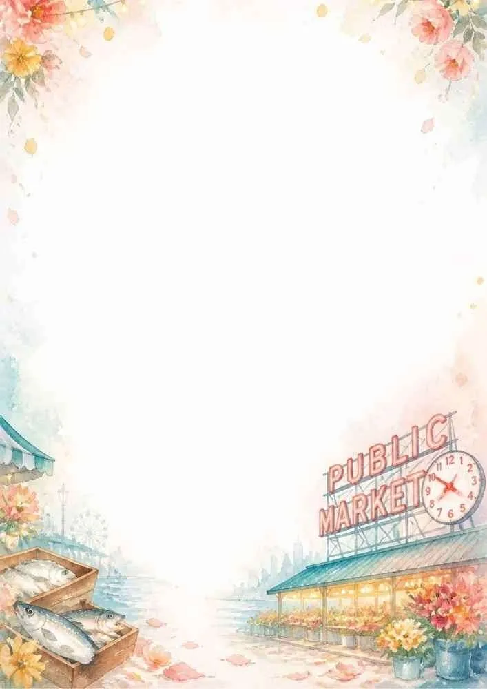 A vibrant writing page featuring the iconic Pike Place Public Market clock sign, crates of fresh fish, colorful flowers, and the waterfront in a watercolor border.