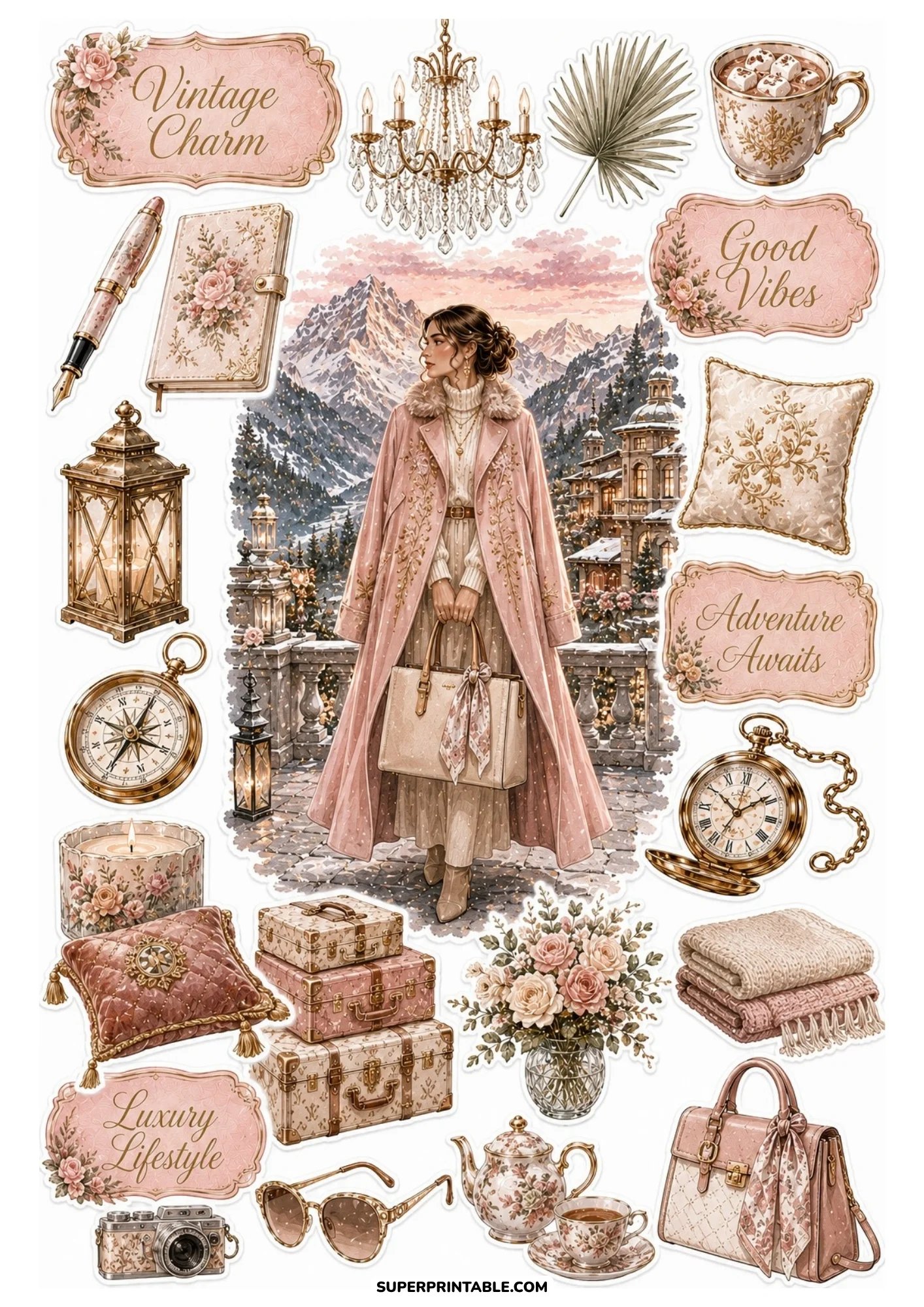 A printable sticker sheet featuring a woman in a pink coat in a snowy mountain setting, alongside pink luggage, floral tea set, and decorative cushions.