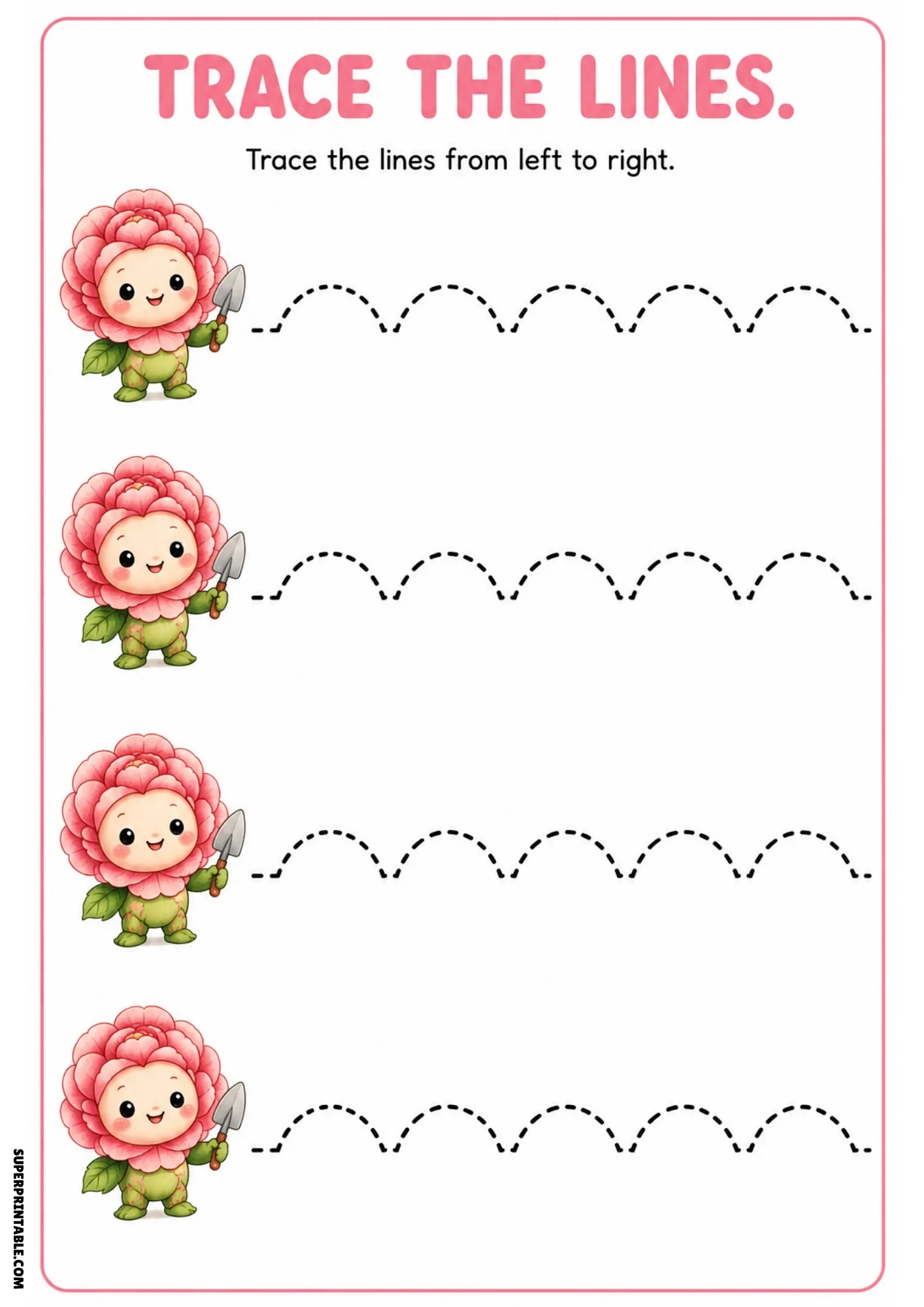 Color tracing page showing four pink camellia fairies holding garden trowels alongside dashed scalloped arch tracing lines.