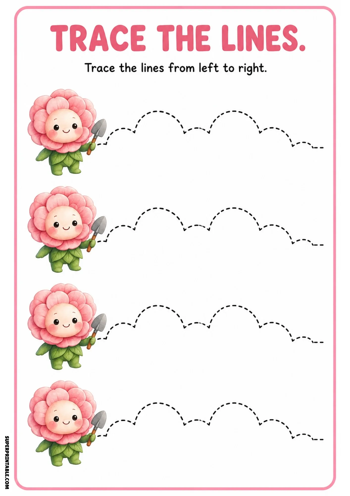 Color tracing sheet showing four pink camellia fairies holding garden trowels next to dashed scalloped arch tracing paths.