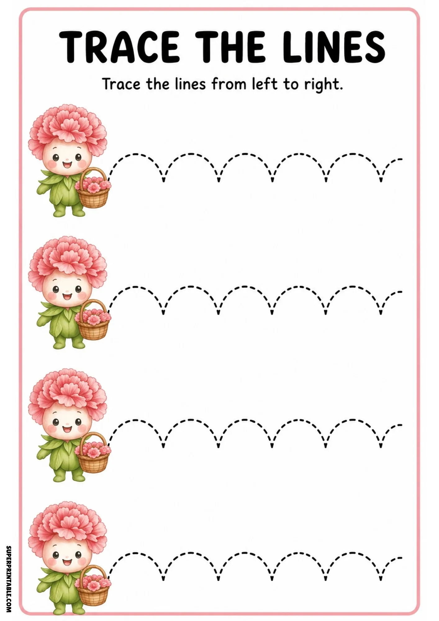 Color tracing page showing four pink carnation fairies holding baskets with dashed scalloped arch tracing lines.