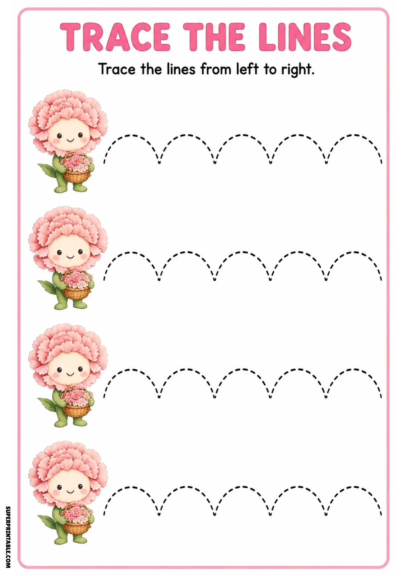 Color tracing sheet with four pink carnation fairies carrying flower baskets next to dashed scalloped arch tracing paths.