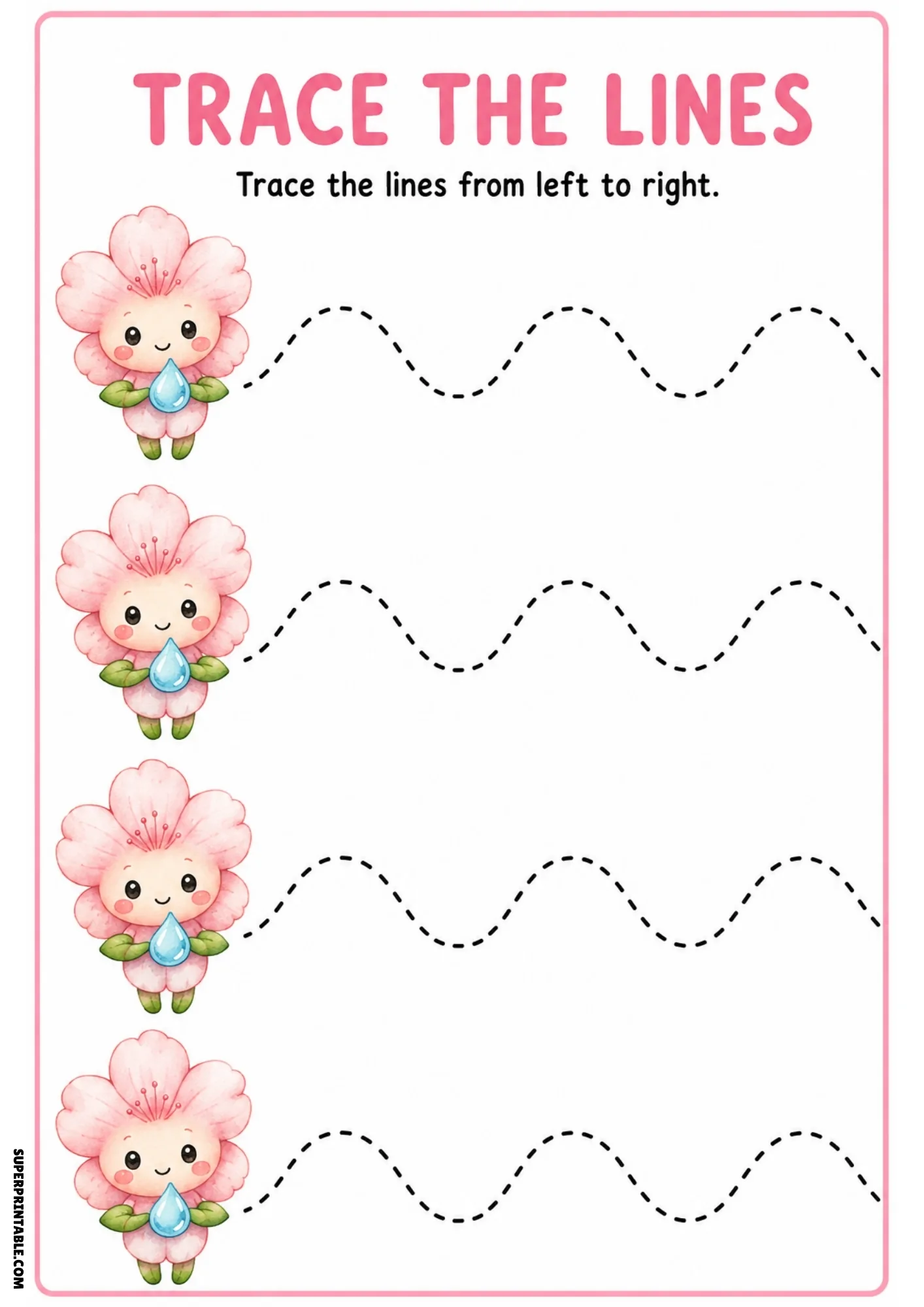 Color tracing page with four pink cherry blossom fairies holding water drops next to dashed wave tracing paths.