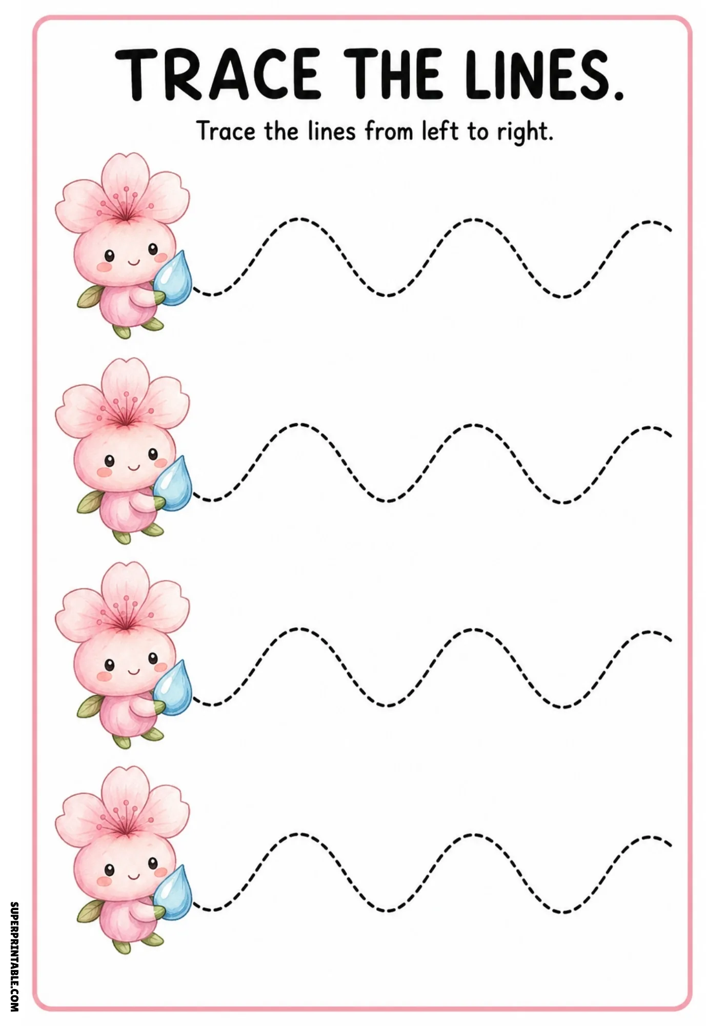 Color tracing page with four pink cherry blossom fairies holding water drops next to dashed smooth wave tracing paths.