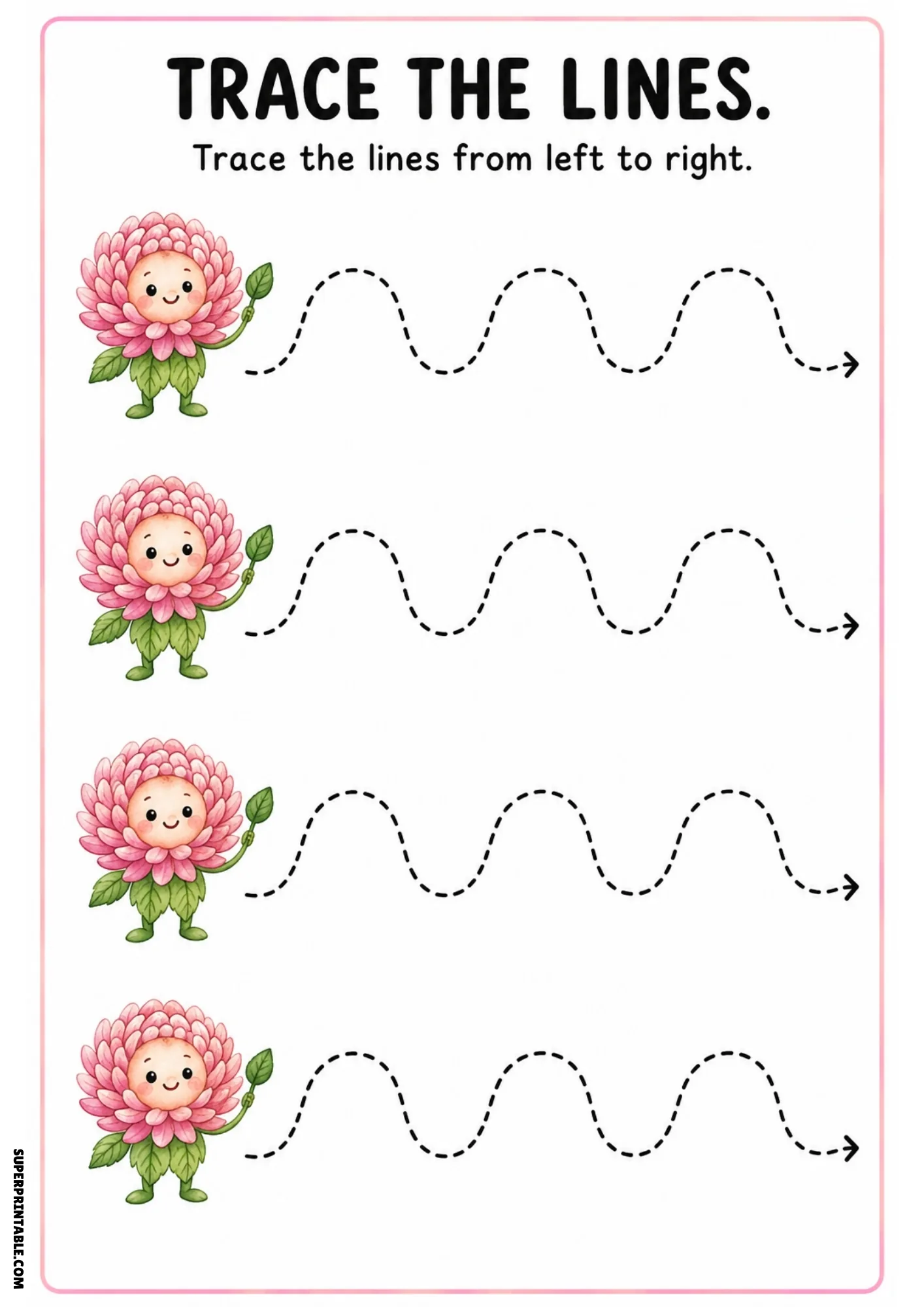 Color worksheet showing four pink chrysanthemum fairies holding leaf stems with dashed rounded hill tracing paths ending in arrows.