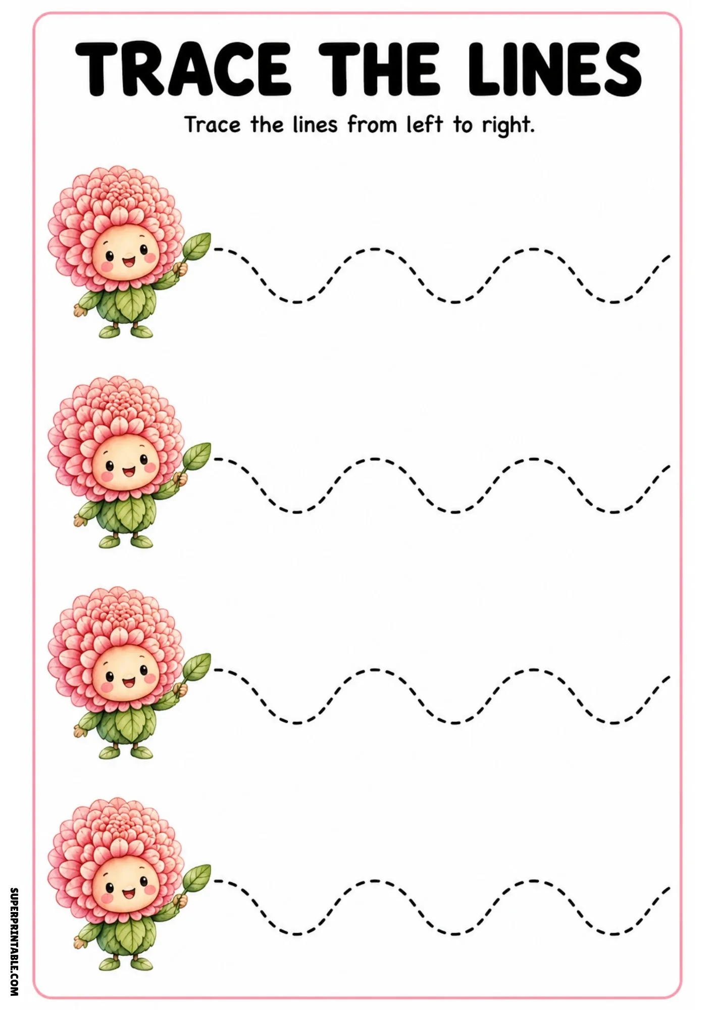 Color worksheet showing four pink chrysanthemum fairies holding leaf stems alongside dashed smooth wave tracing paths.