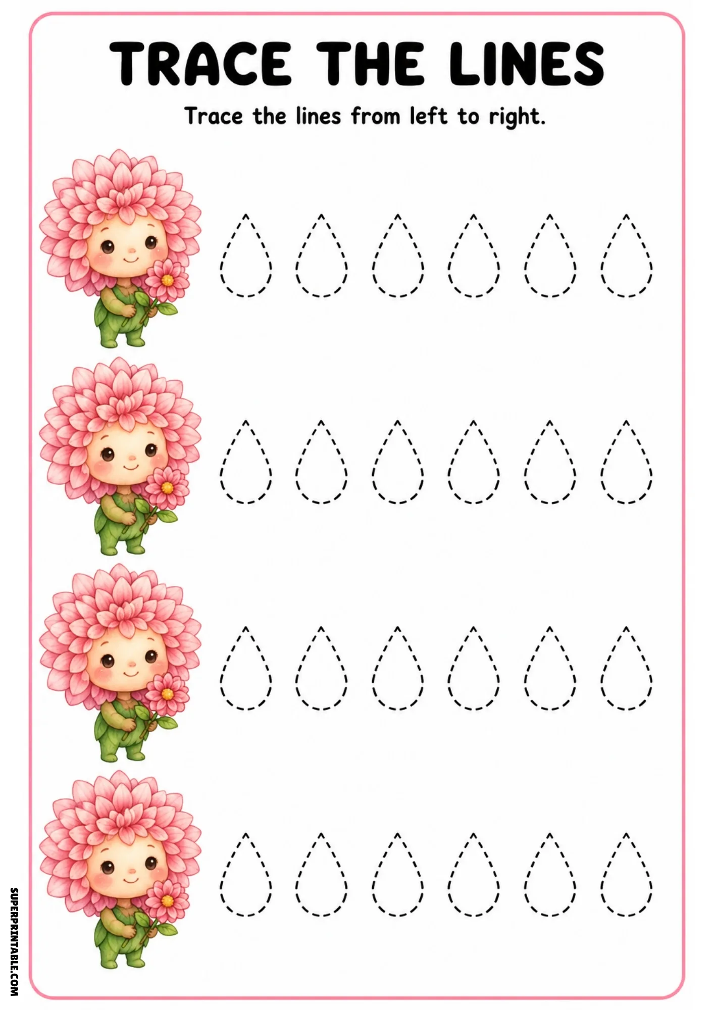 Color tracing sheet with four pink dahlia fairies holding small blooms alongside dashed teardrop shape tracing paths.