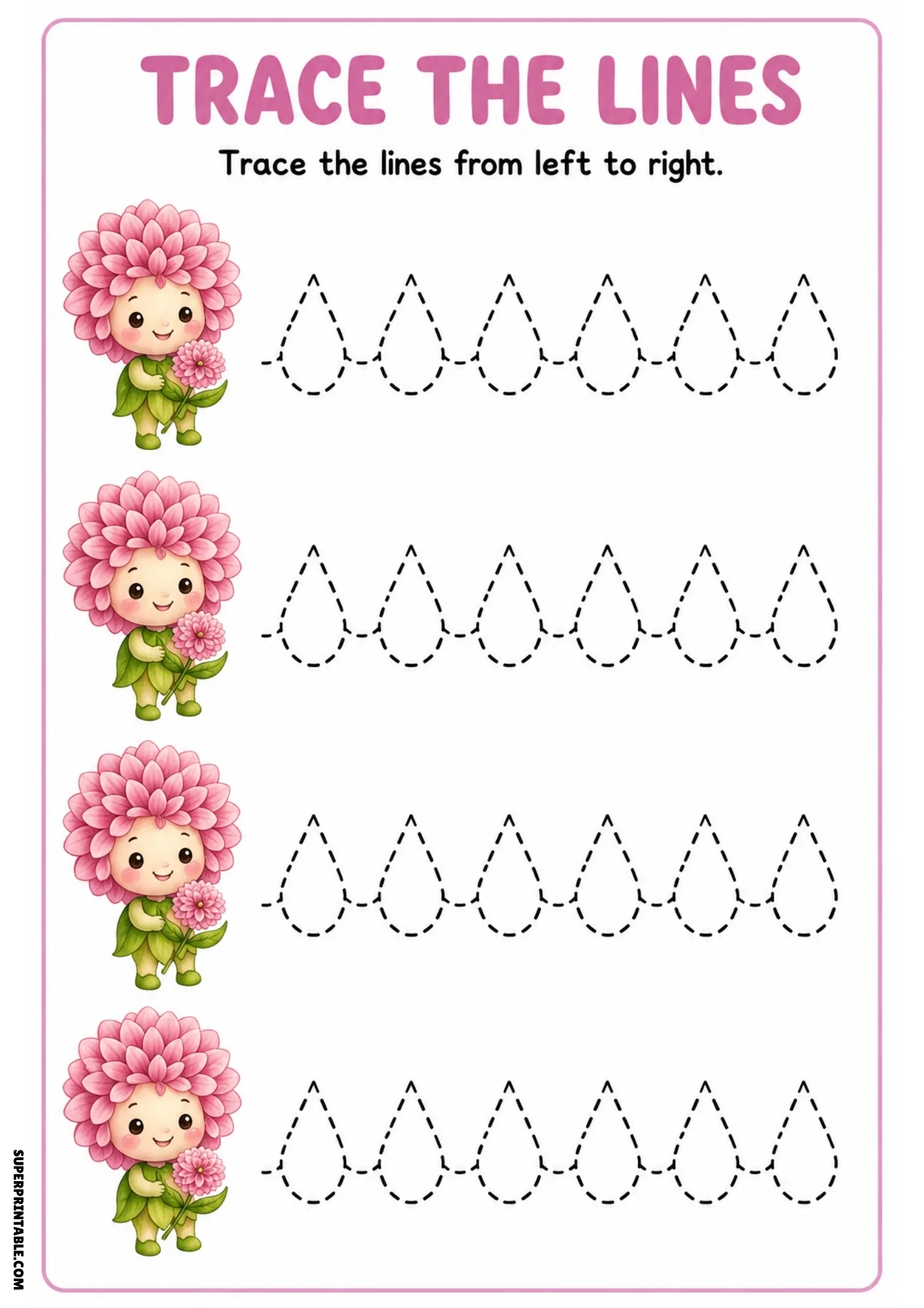 Color tracing sheet with four pink dahlia fairies holding blossoms next to dashed teardrop outline shape tracing paths.