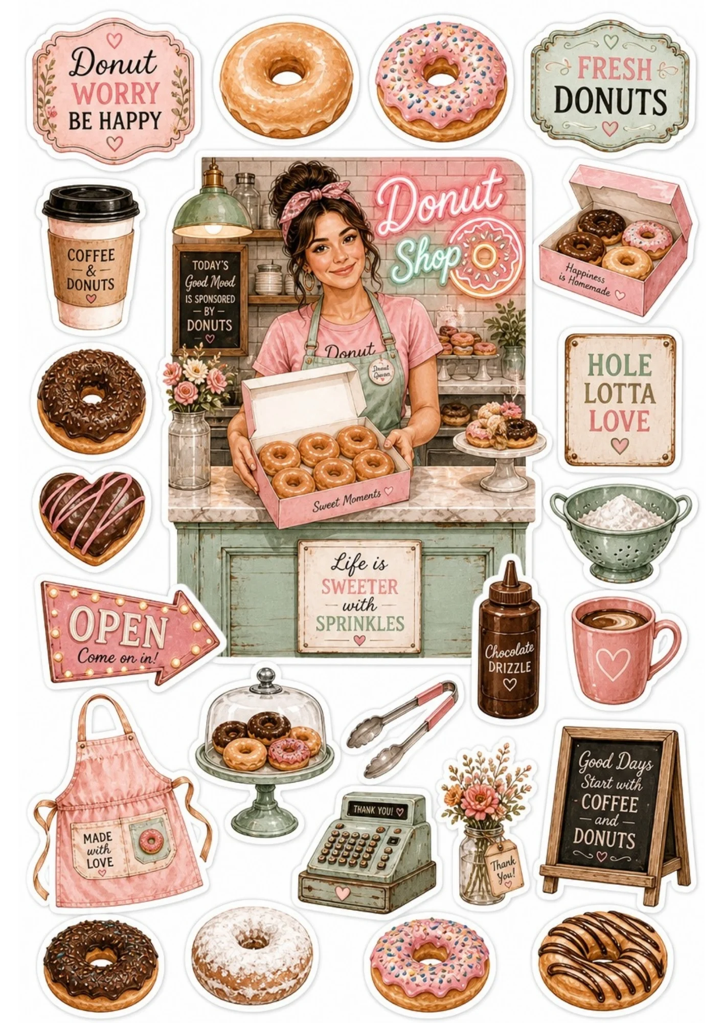 A girl smiling in a donut shop holding a box of fresh donuts. Surrounding stickers include chocolate donuts, pink sprinkled donuts, coffee cups, a vintage register, and text saying 'Donut Worry Be Happy' and 'Donut Shop'.