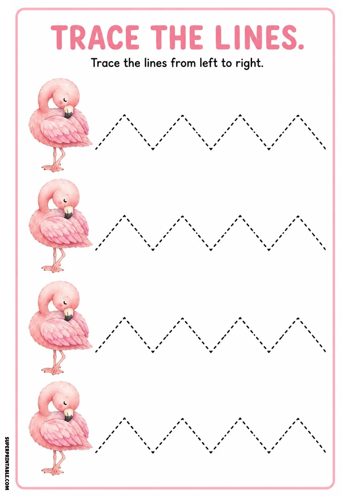Pink flamingo line tracing worksheet featuring four flamingos and sharp zigzag dashed lines.