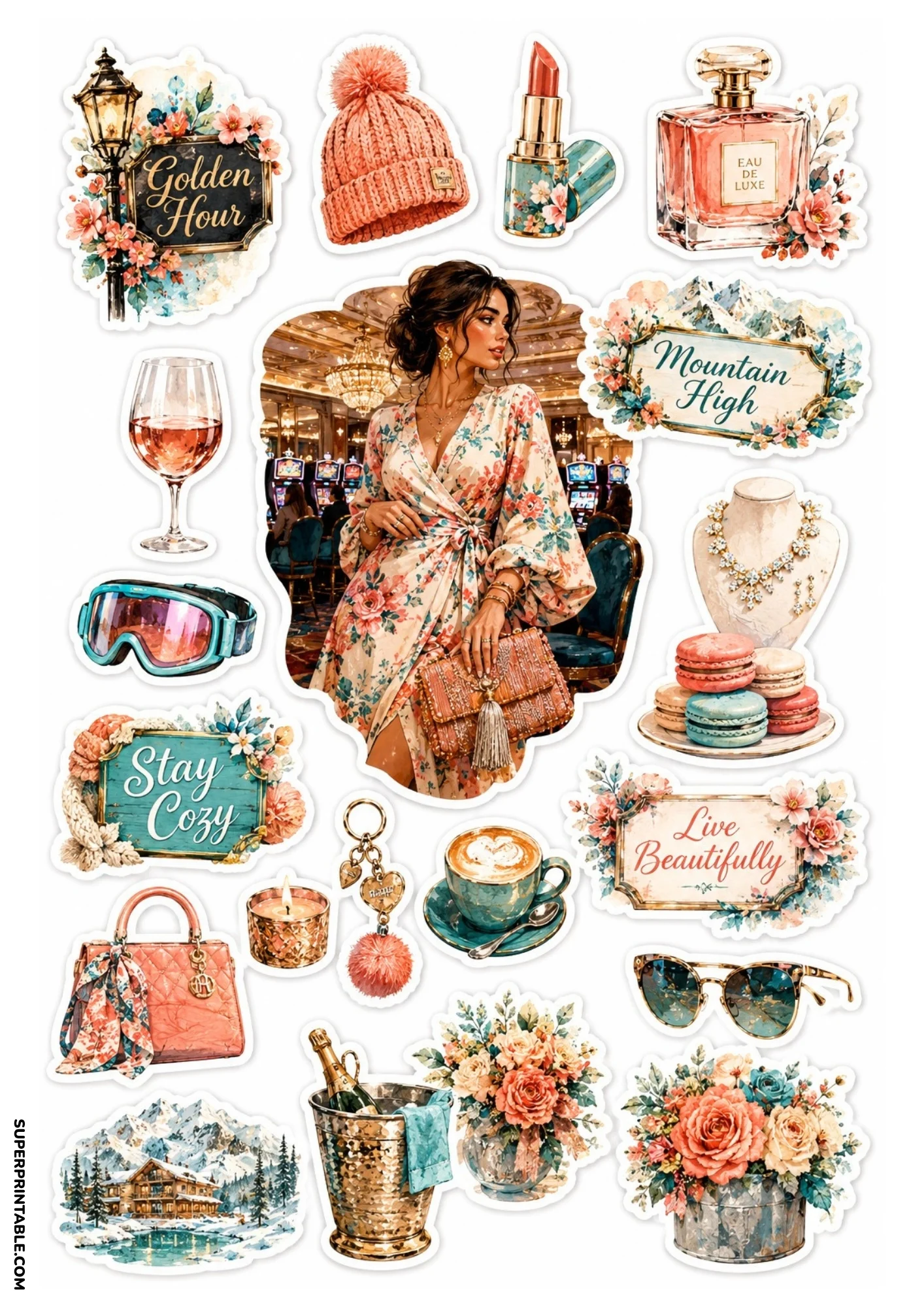 Printable sticker sheet featuring a woman in a floral wrap dress in a chandelier lounge, surrounded by pink macarons, perfume bottles, champagne bucket, and quote plaques.