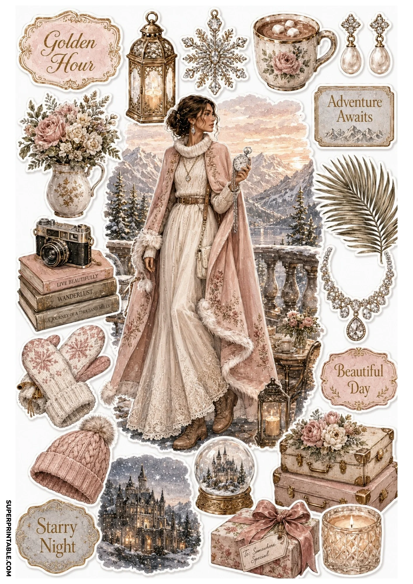 Watercolor sticker sheet of a woman in a fur-trimmed coat on a snowy mountain balcony, featuring winter mittens, castle snow globes, pink luggage, and gift boxes.