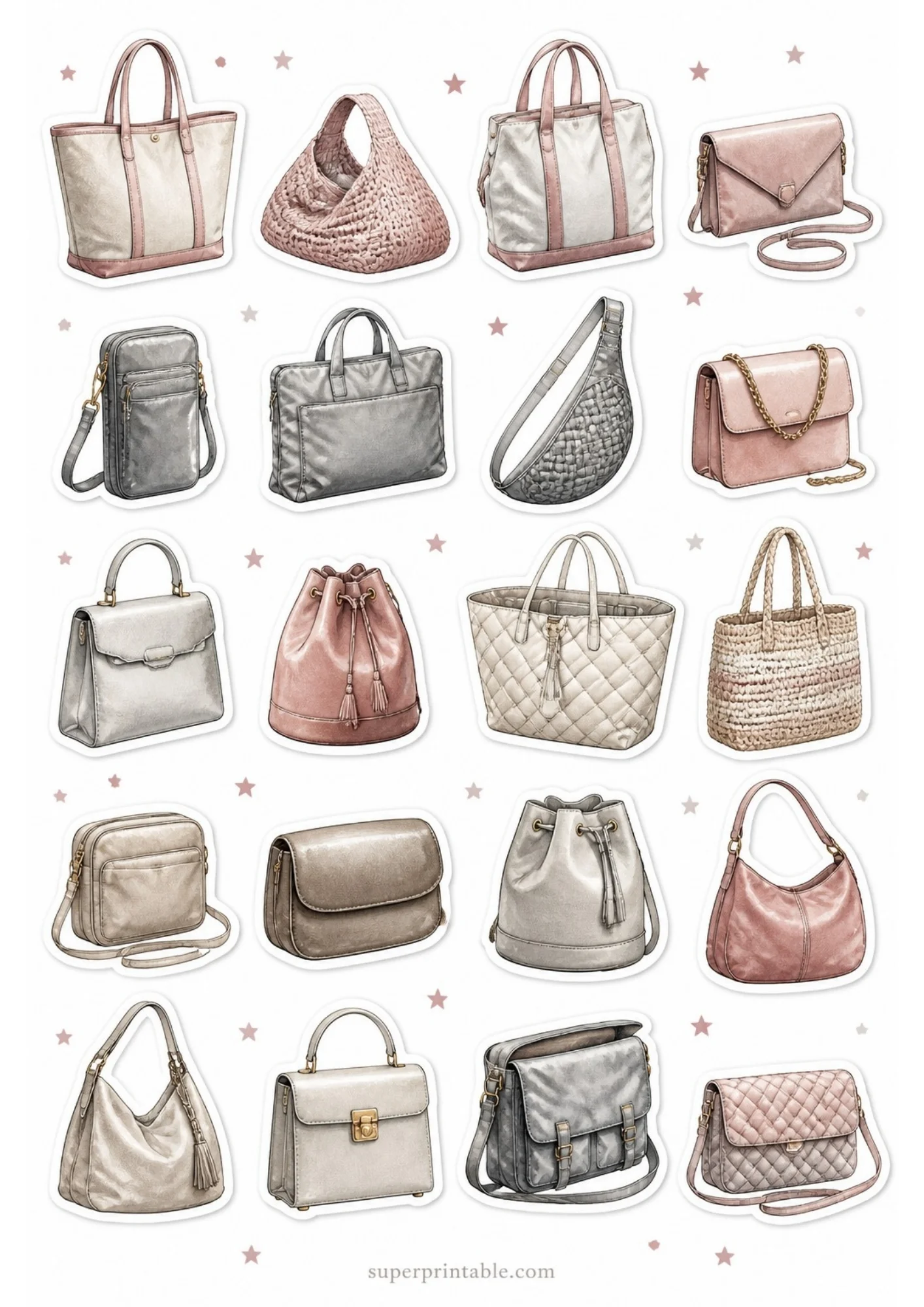 A printable sticker sheet containing 20 handbags in soft pink, metallic gray, and silver shades, with quilted and structured designs.