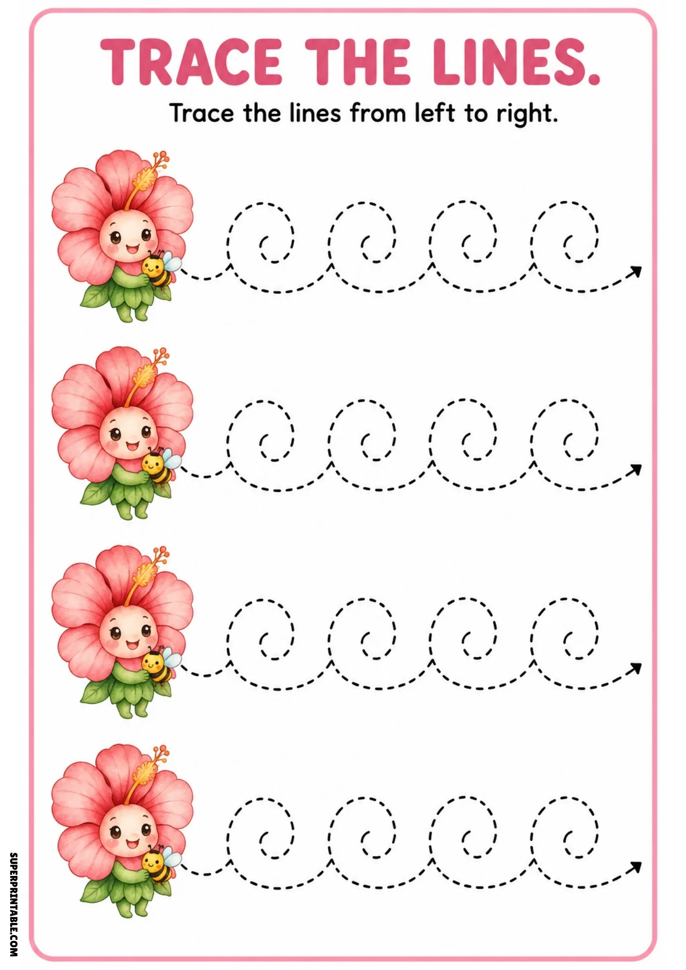 Color tracing worksheet with four pink hibiscus fairies holding bees and dashed spiral wave tracing paths ending in arrows.