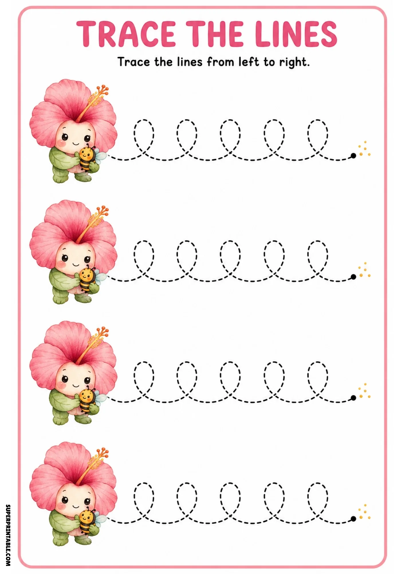 Color worksheet showing four pink hibiscus flower fairies holding bees with dashed looping lines toward golden pollen dots.