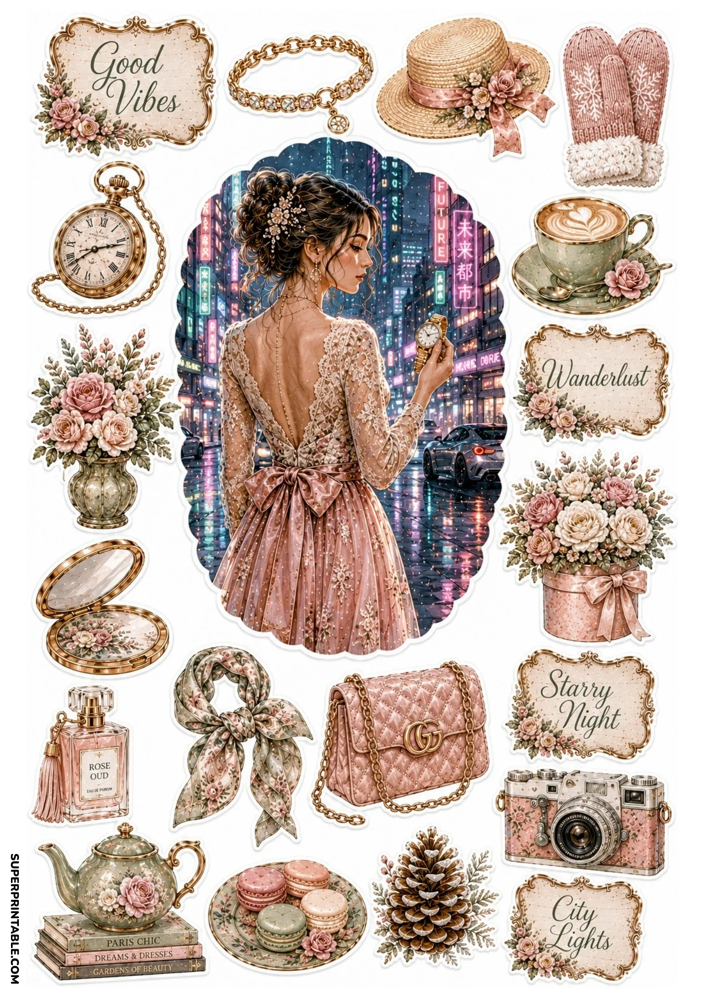 Printable sticker sheet showing a woman in a pink lace gown on a glowing city street, framed by latte coffee cup, pink handbag, macaron plate, compact mirror, and ornate text plaques.