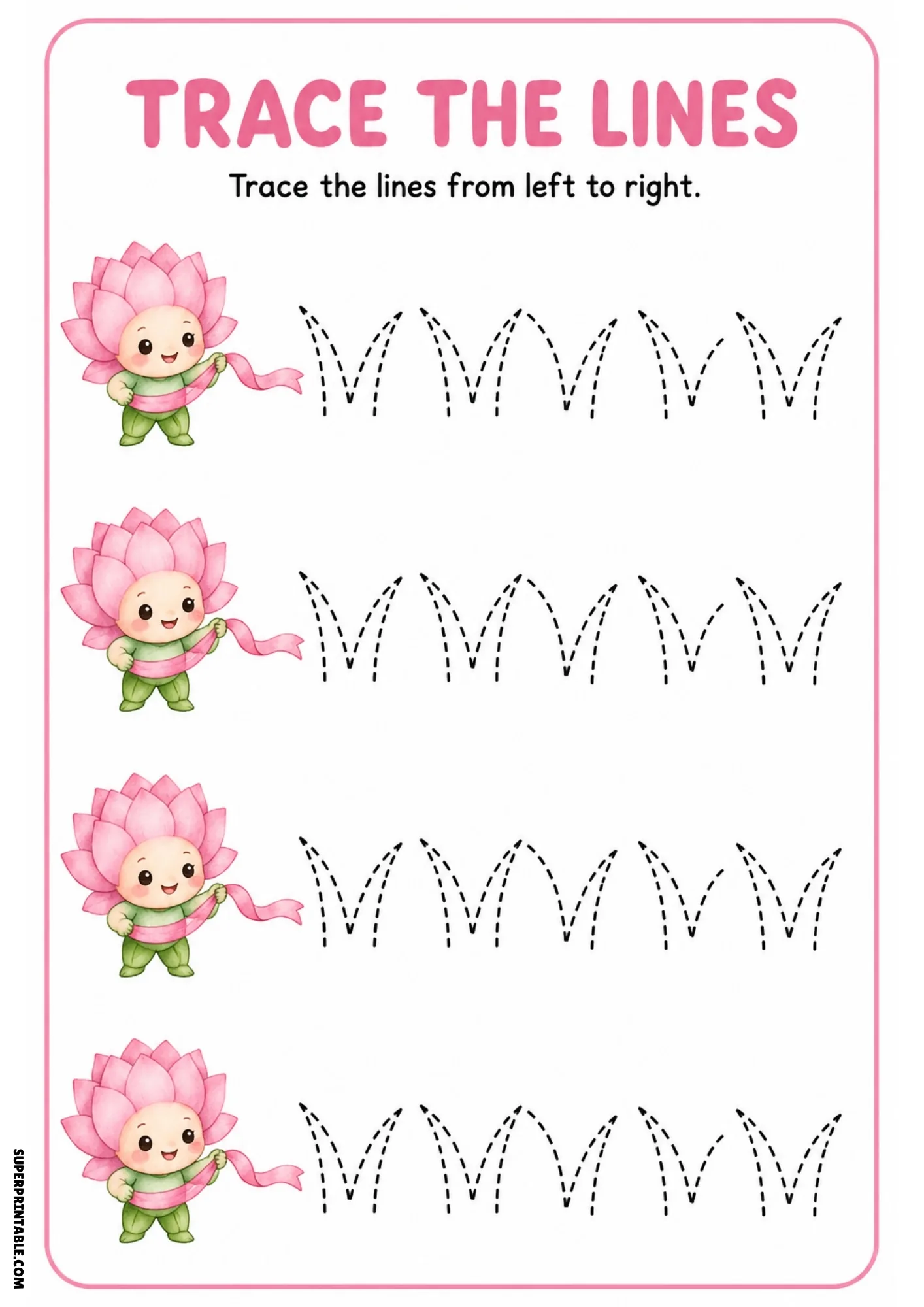 Color tracing page featuring four pink lotus fairies twirling ribbons alongside dashed double-pointed peak tracing patterns.