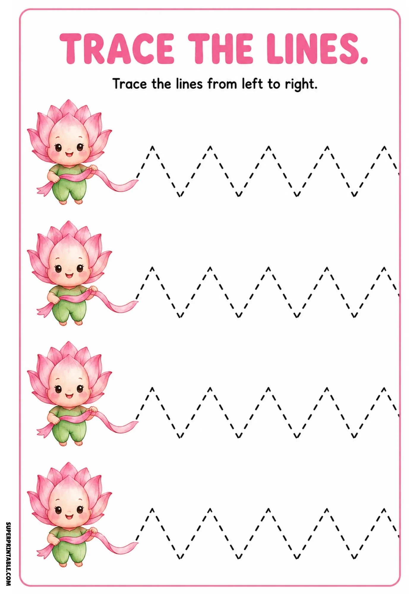 Color tracing page featuring four pink lotus fairies twirling ribbons alongside dashed sharp zigzag line paths.