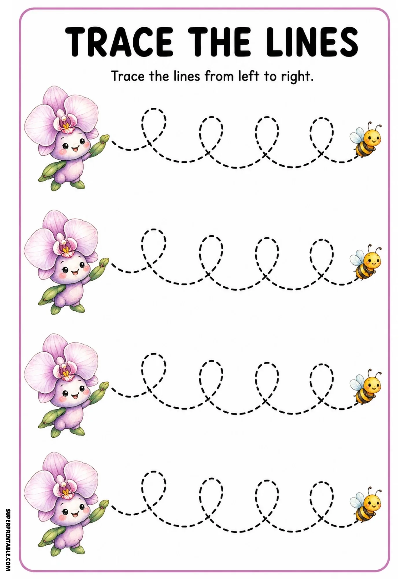 Full-color tracing printable showing four pink orchid fairies tracing dashed loops to friendly bumblebees on the right.