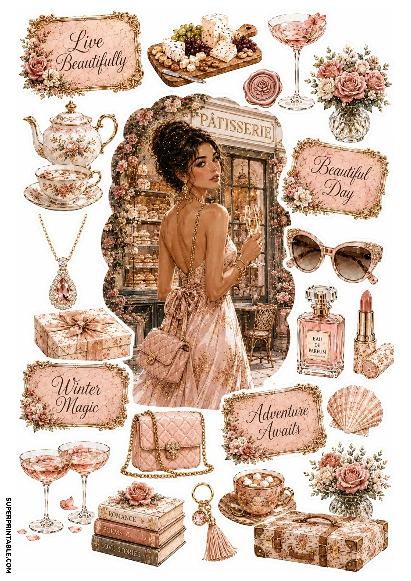 Printable sticker sheet showing a woman in a pink gown outside a pastry shop, accompanied by champagne glasses, gift boxes, perfume bottles, and rose bouquets.