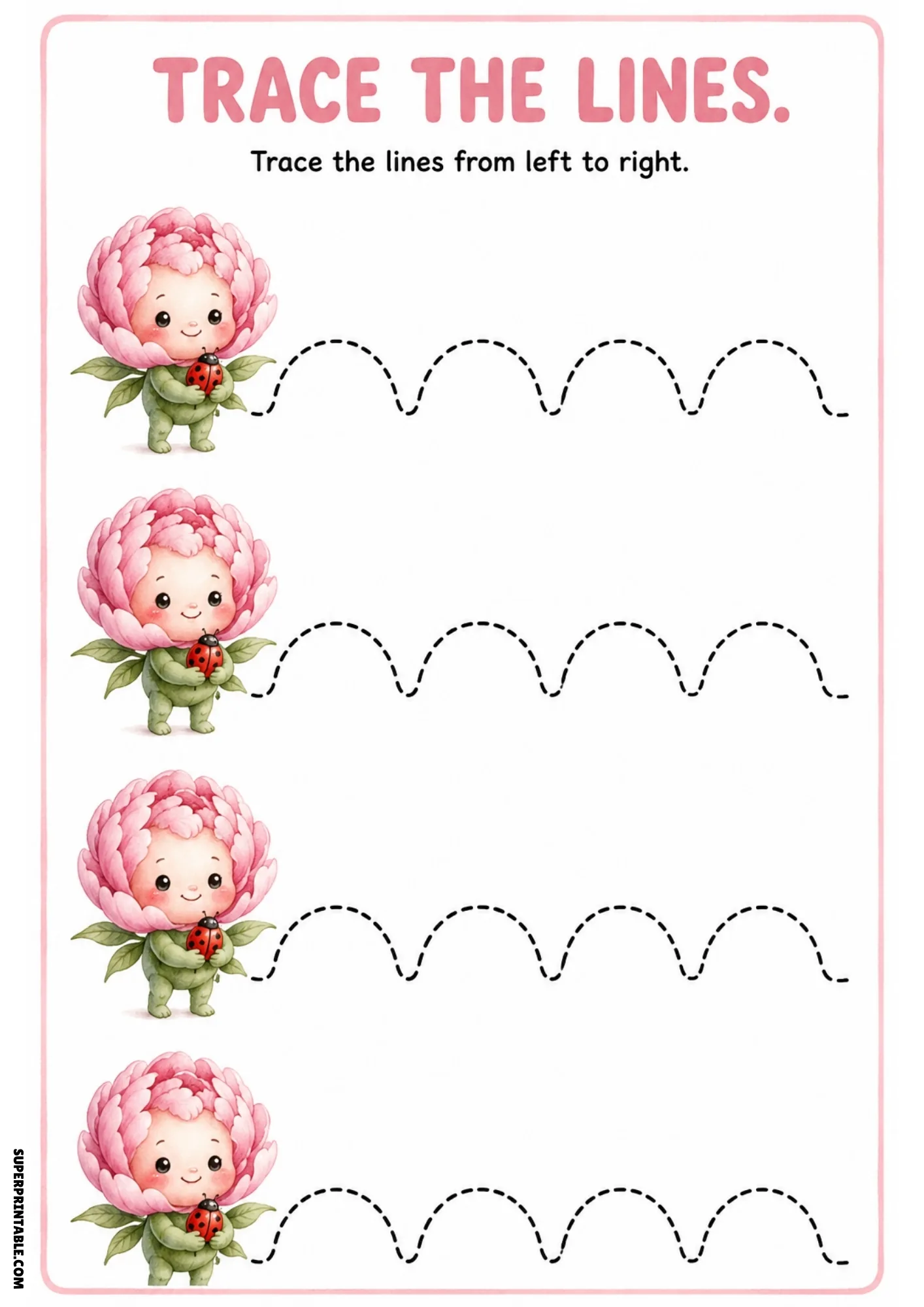 Full-color tracing page featuring four pink peony fairies holding ladybugs next to dashed scalloped arch tracing paths.