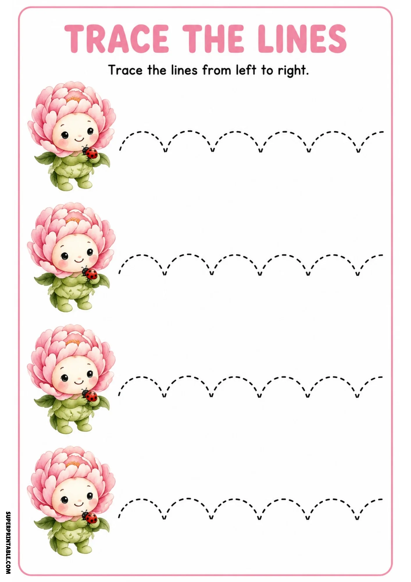 Full-color tracing worksheet featuring four pink peony fairies holding ladybugs with dashed scalloped arch tracing paths.