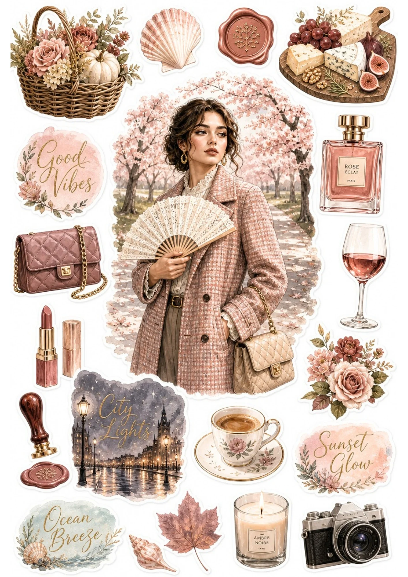 A printable fall sticker sheet featuring a woman in a pink plaid coat under blooming trees, surrounded by pumpkin baskets, perfume bottles, cameras, and candles.
